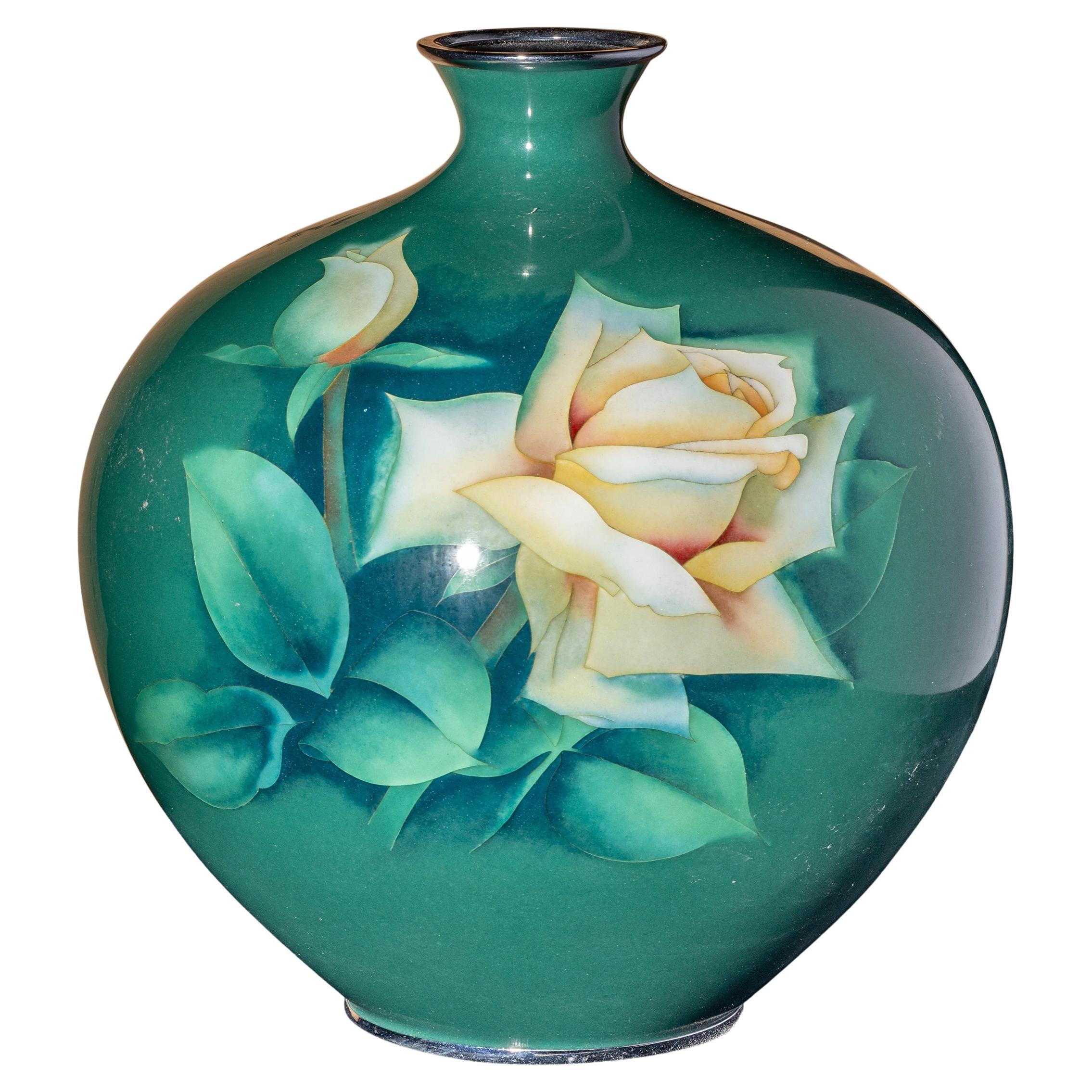 Japanese Green Cloisonné Rose Vase by Ando Cloisonné