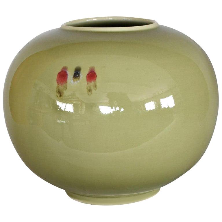 Green Hand-Glazed Porcelain Vase by Contemporary Japanese Master Artist