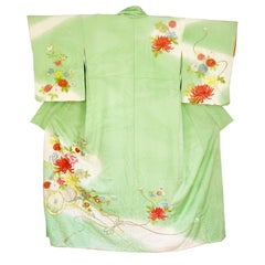 Japanese Green Vintage Gold Embroidered Chrysanthemum Silk Furisode Kimono