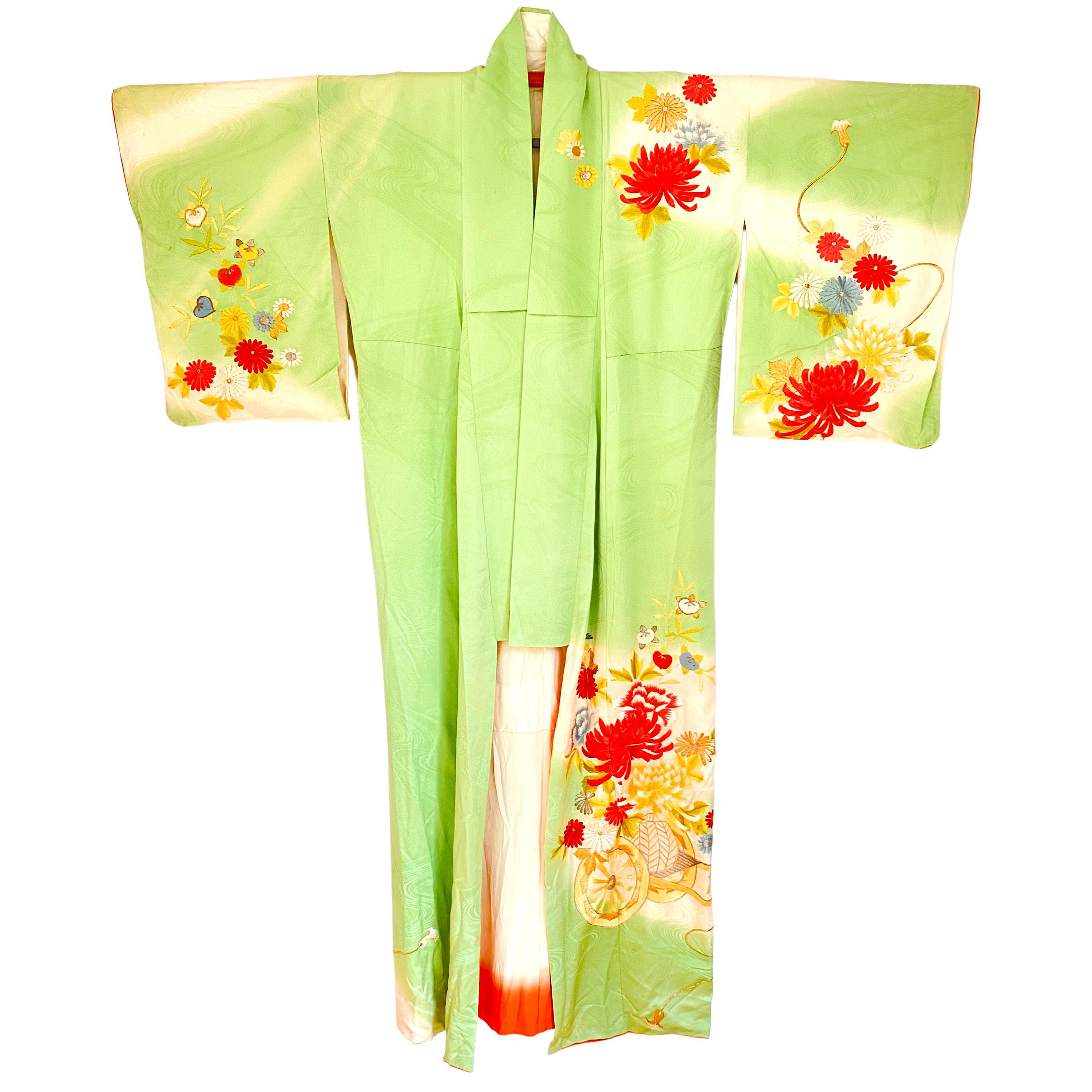 Japanese Green Vintage Gold Embroidered Chrysanthemum Silk Furisode Kimono