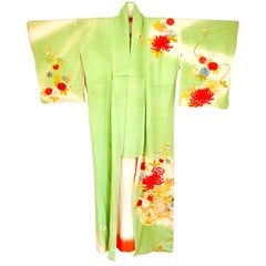 Japanese Green Vintage Gold Embroidered Chrysanthemum Silk Furisode Kimono