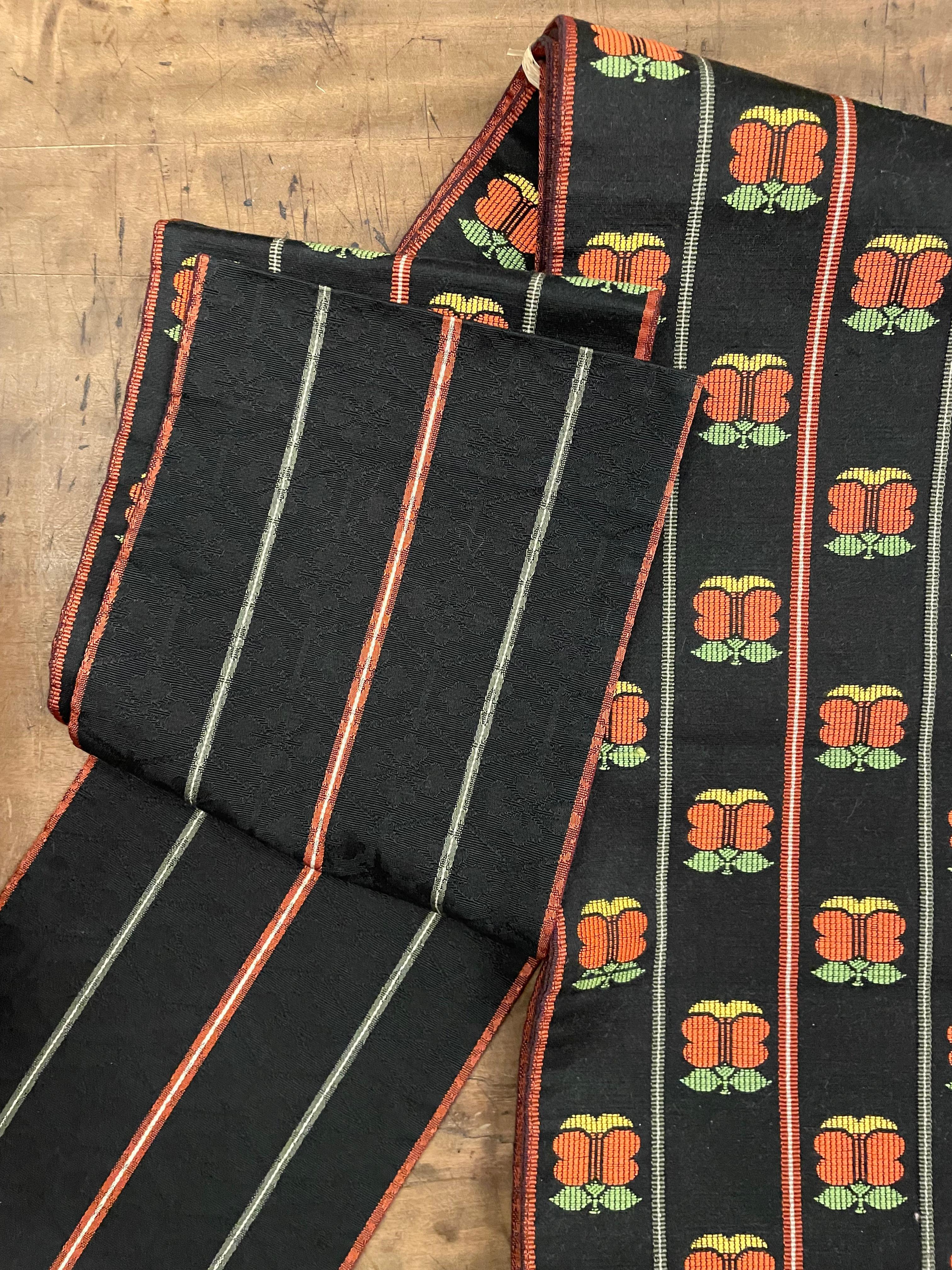 Medio Kimono Japonés Cinturón Hanhaba Obi Negro y Naranja ButterFly Años 80 Seda en venta