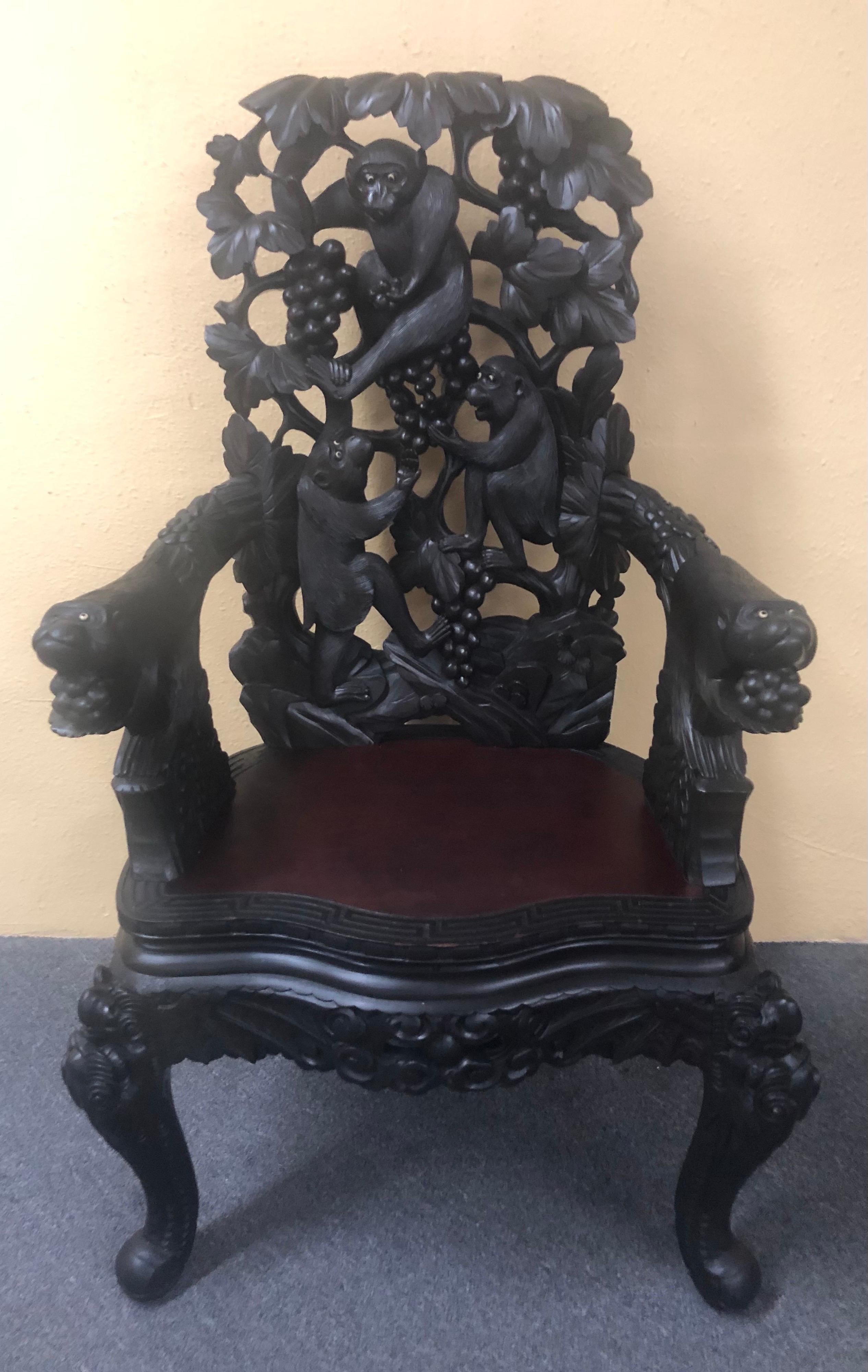 Japanese Hand Carved Dark Wood Export Monkey Armchair For Sale 4