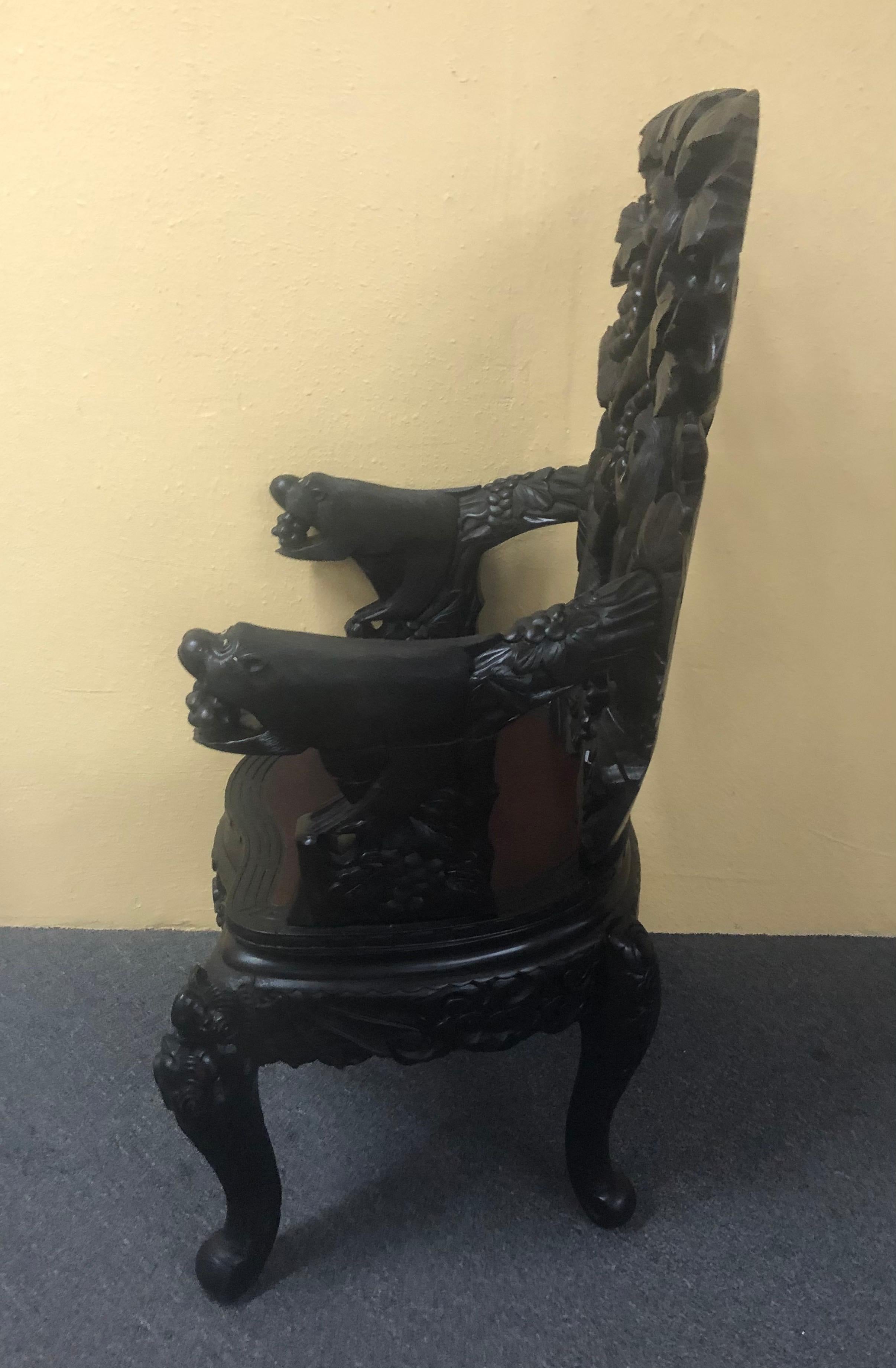 Hand-Carved Japanese Hand Carved Dark Wood Export Monkey Armchair For Sale