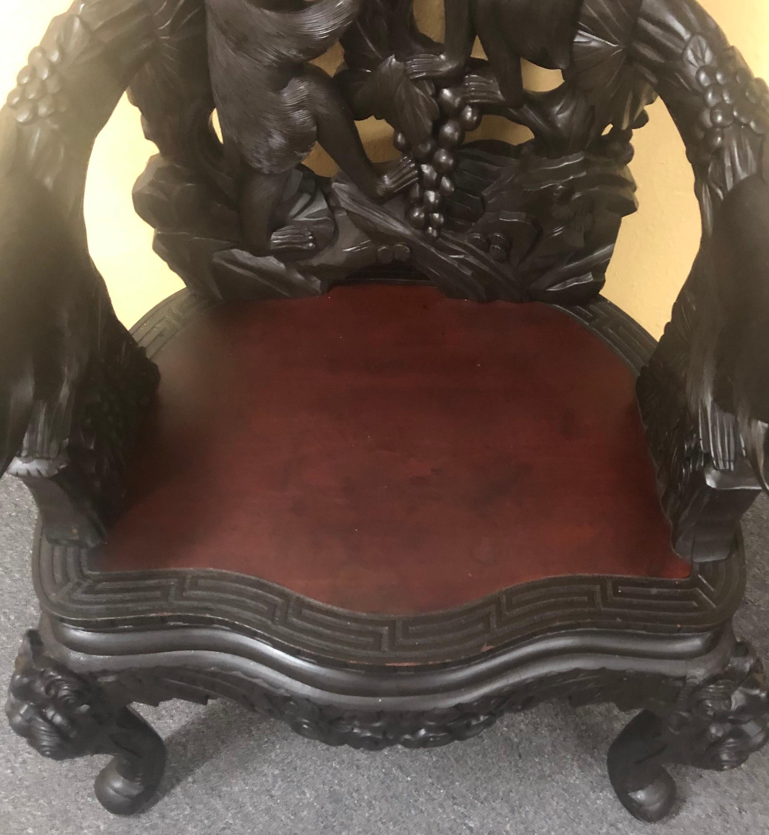 20th Century Japanese Hand Carved Dark Wood Export Monkey Armchair For Sale