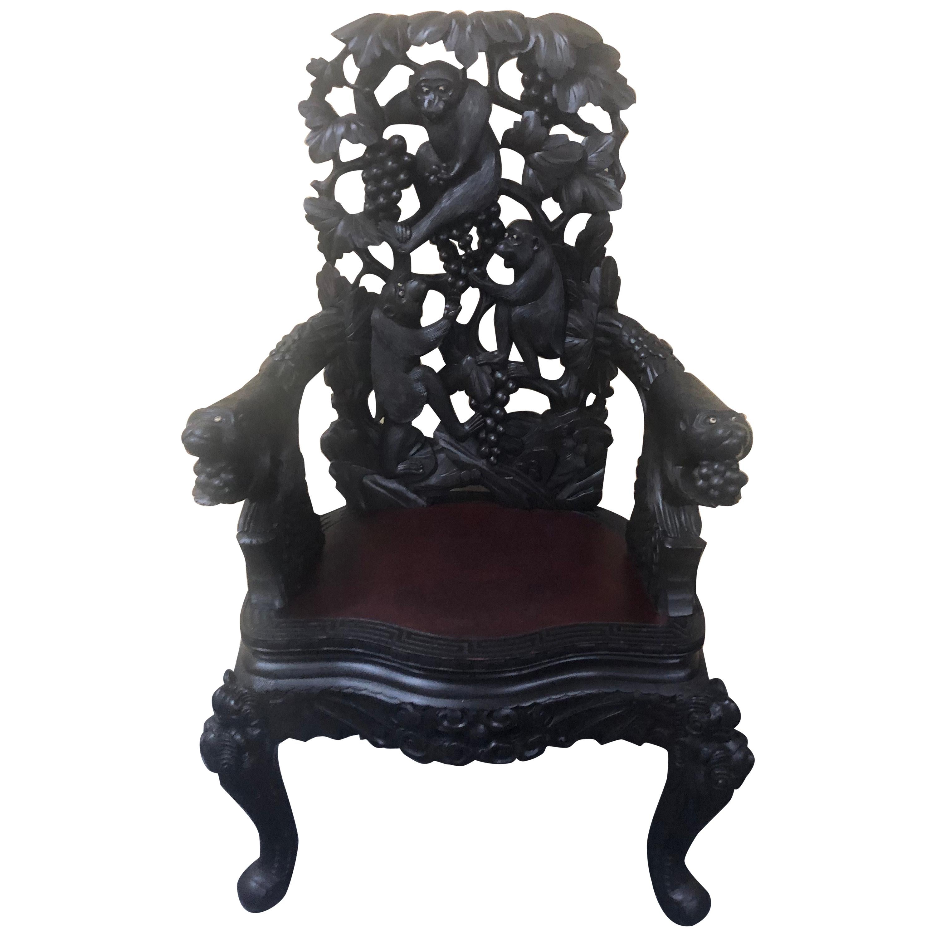 Japanese Hand Carved Dark Wood Export Monkey Armchair