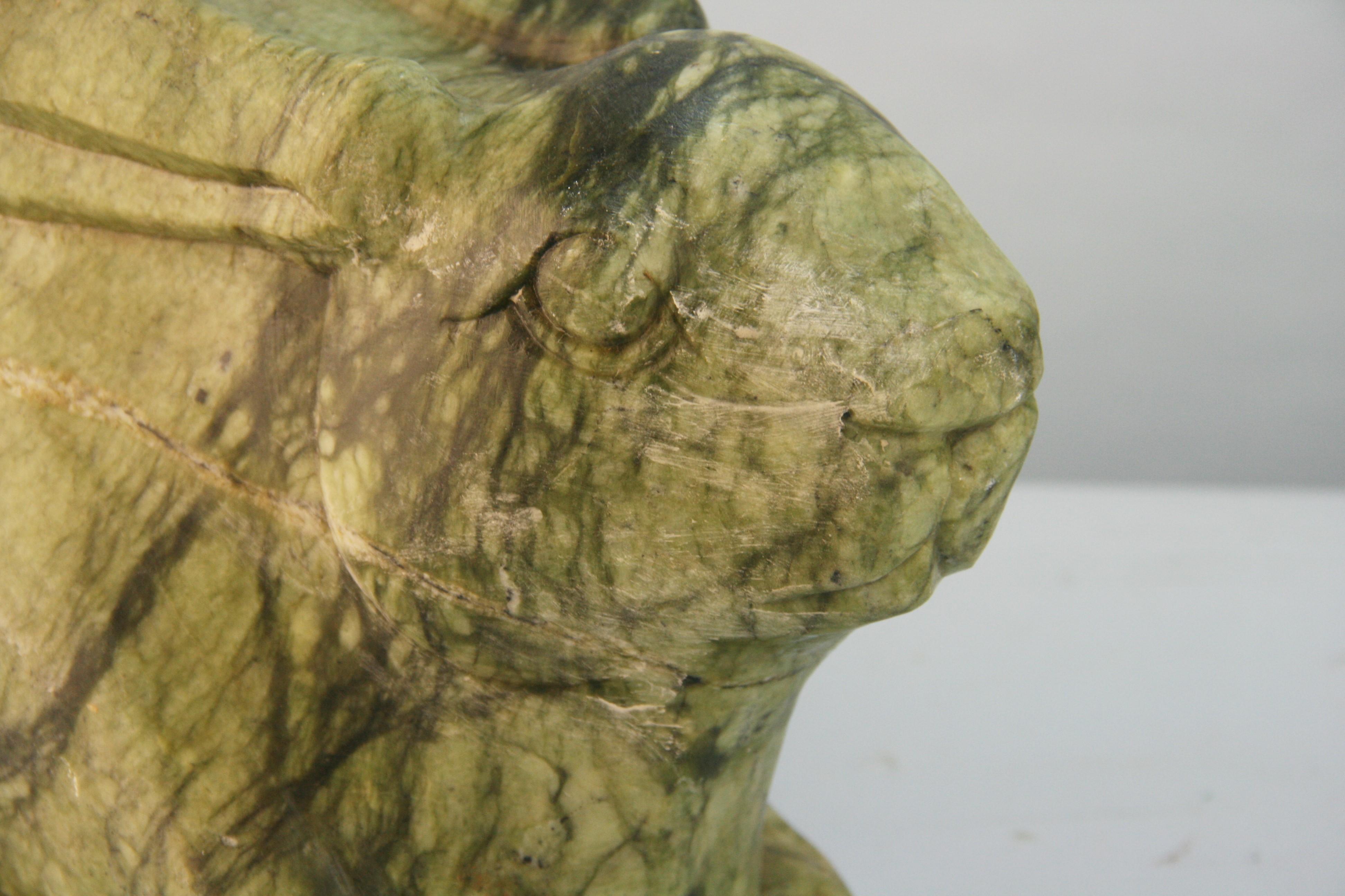 Hand-Carved Chinese Year of the Rabbit 2023  Hand Carved Green Stone Large  Rabbit  1920's For Sale