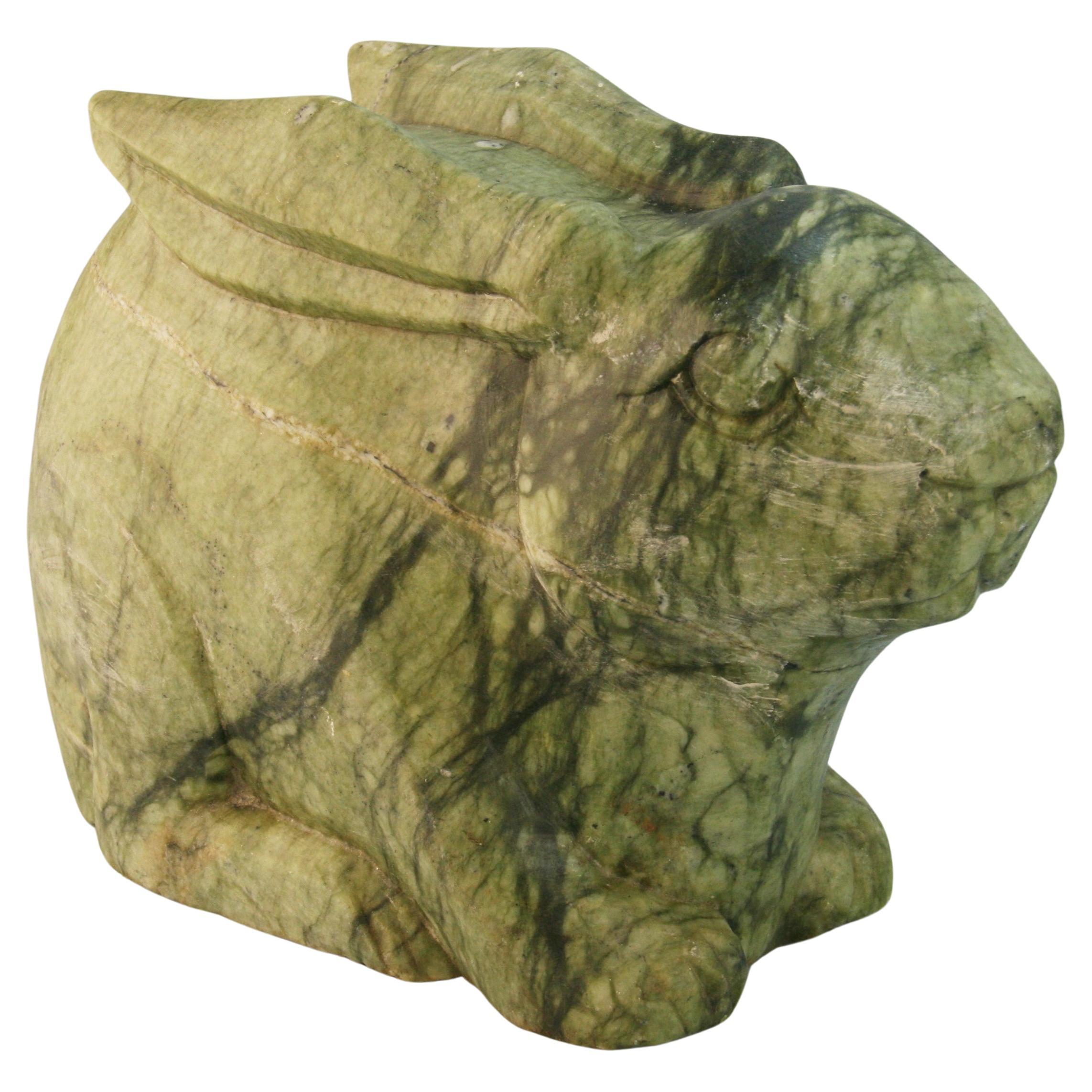 Chinese Year of the Rabbit 2023  Hand Carved Green Stone Large  Rabbit  1920's For Sale