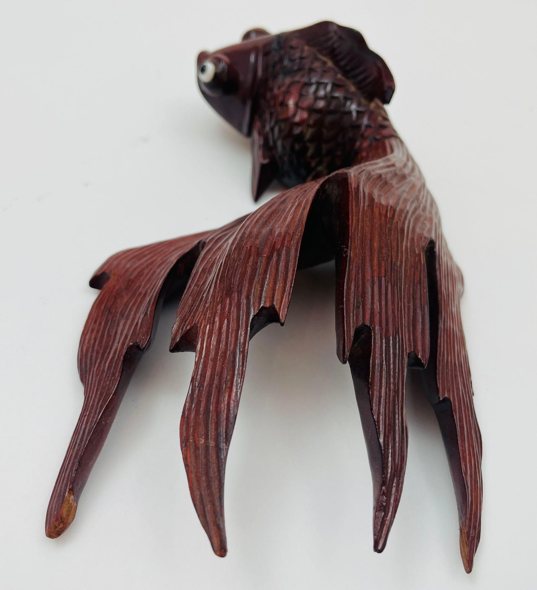 Japanese Hand Carved Wood Koi Fish Sculpture 1920 For Sale 2