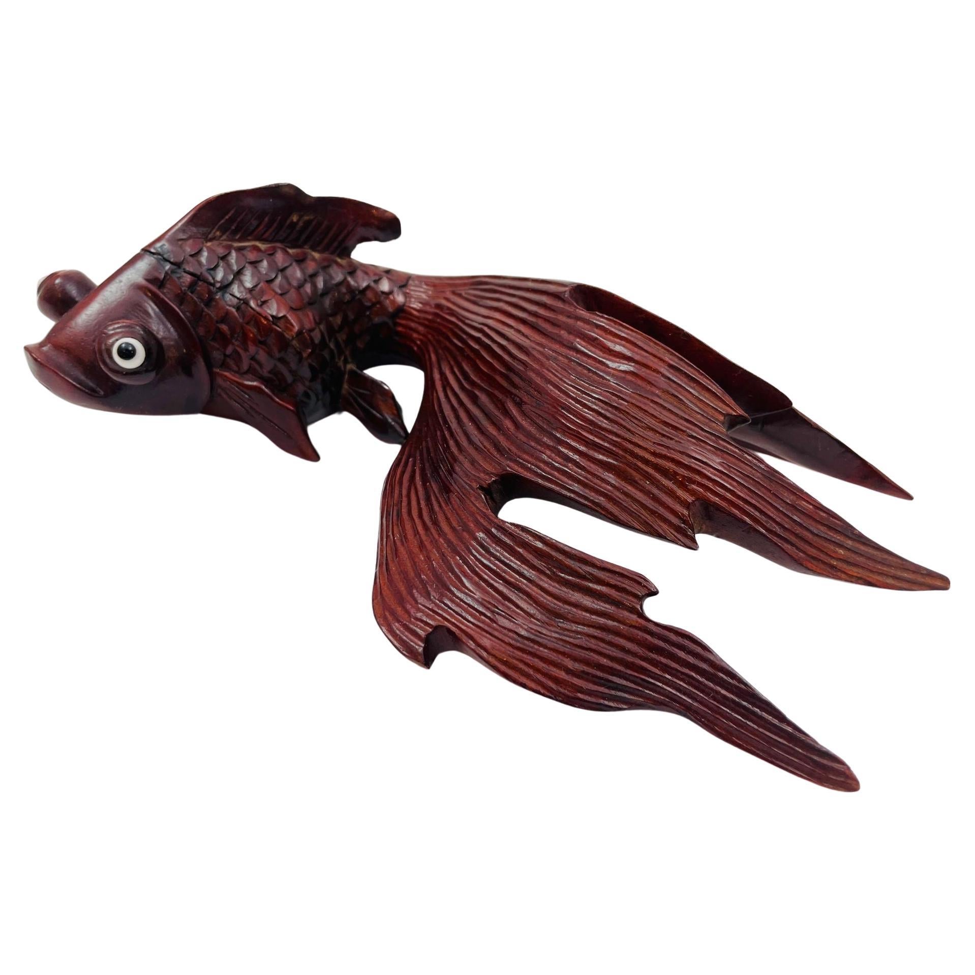 Japanese Hand Carved Wood Koi Fish Sculpture 1920