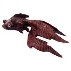 Japanese Hand Carved Wood Koi Fish Sculpture 1920