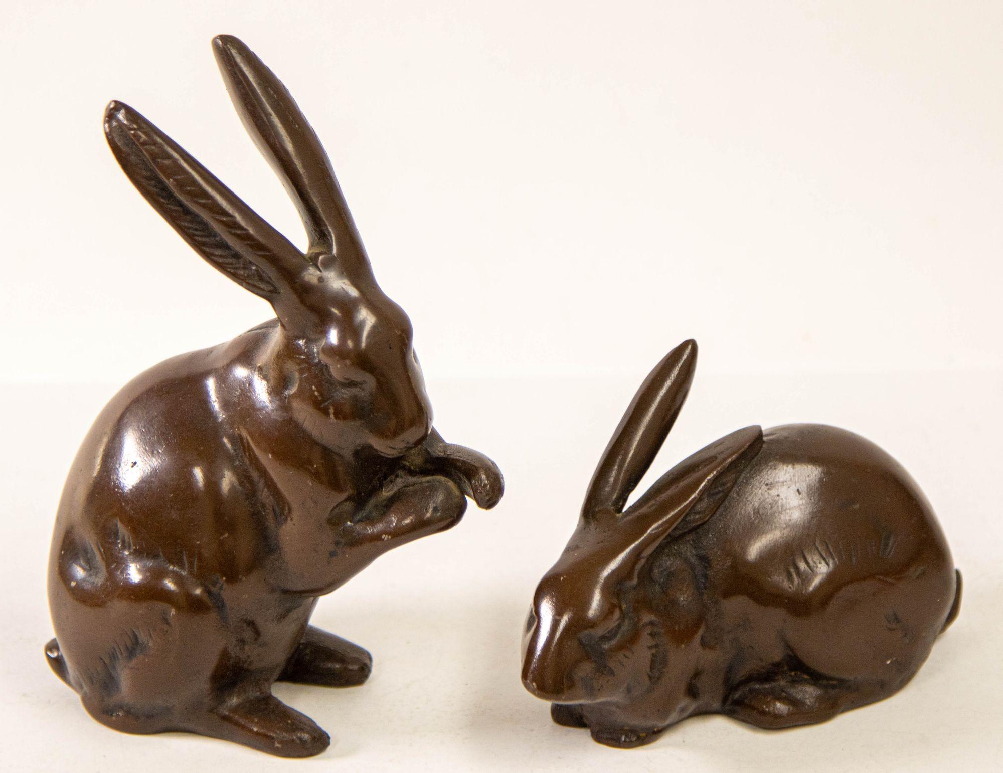 Japanese Hand Cast Bronze Playful Rabbits Set of Two 6