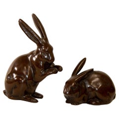 Retro Japanese Hand Cast Bronze Playful Rabbits Set of Two
