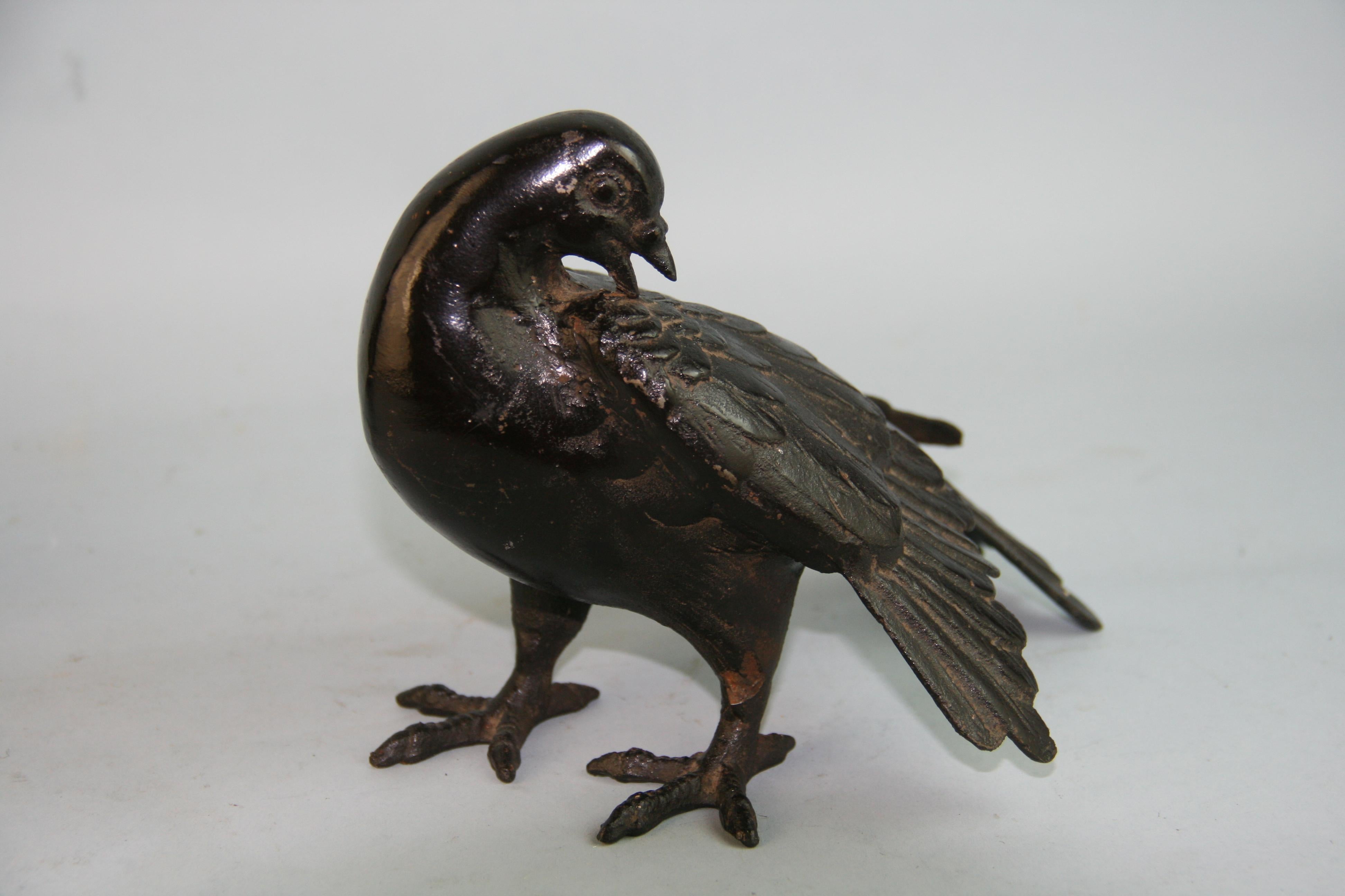 Mid-20th Century Japanese Pair  Hand Cast Iron  Black Pigeons, Beautiful Detail