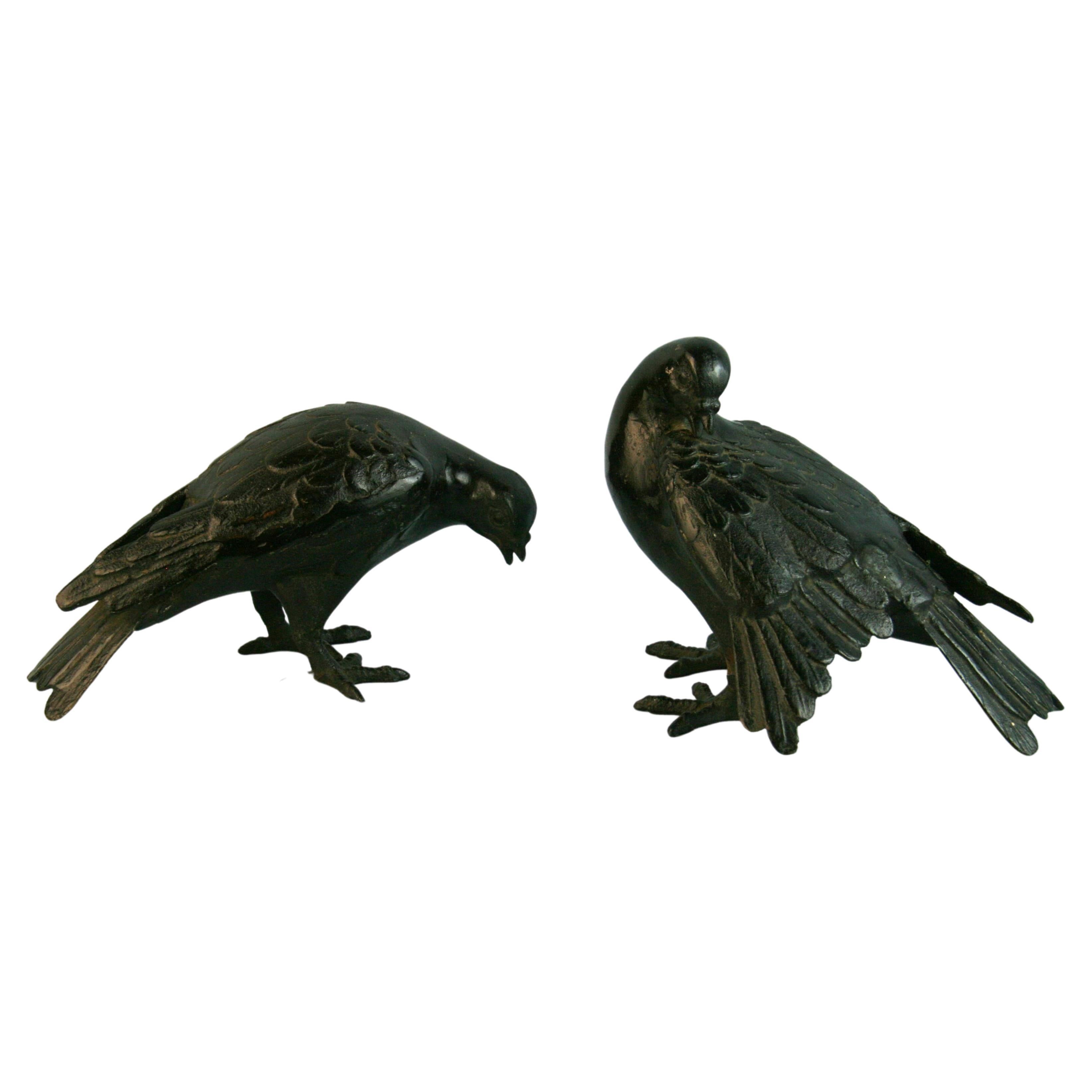 Japanese Hand Cast Pair Black Wood Pigeons, Beautiful Detail