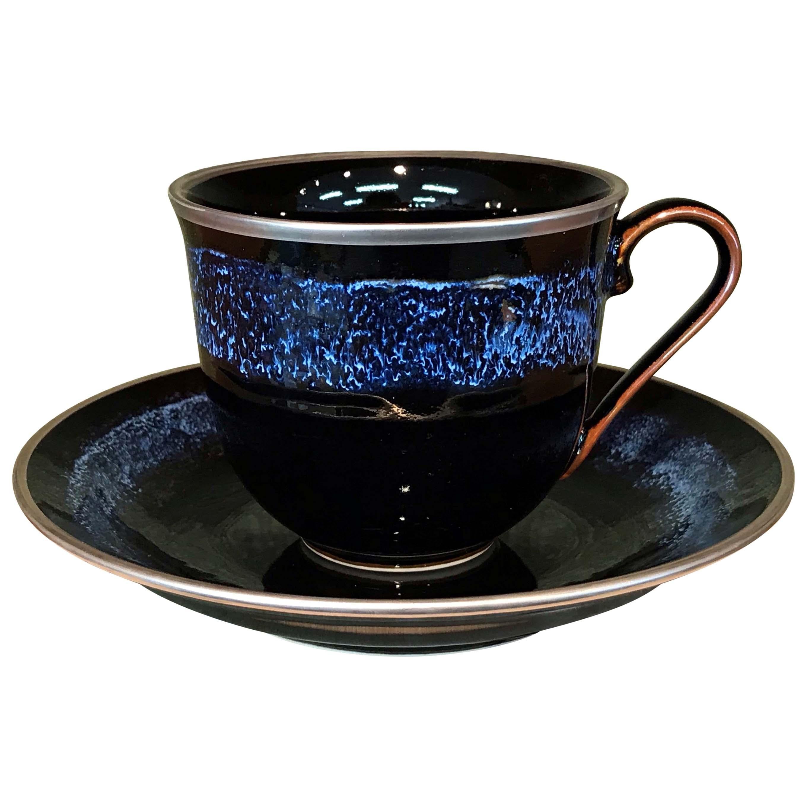 Japanese Hand-Glazed Black Porcelain Cup & Saucer by Contemporary Master Artist