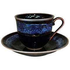 Japanese Hand-Glazed Black Porcelain Cup & Saucer by Contemporary Master Artist