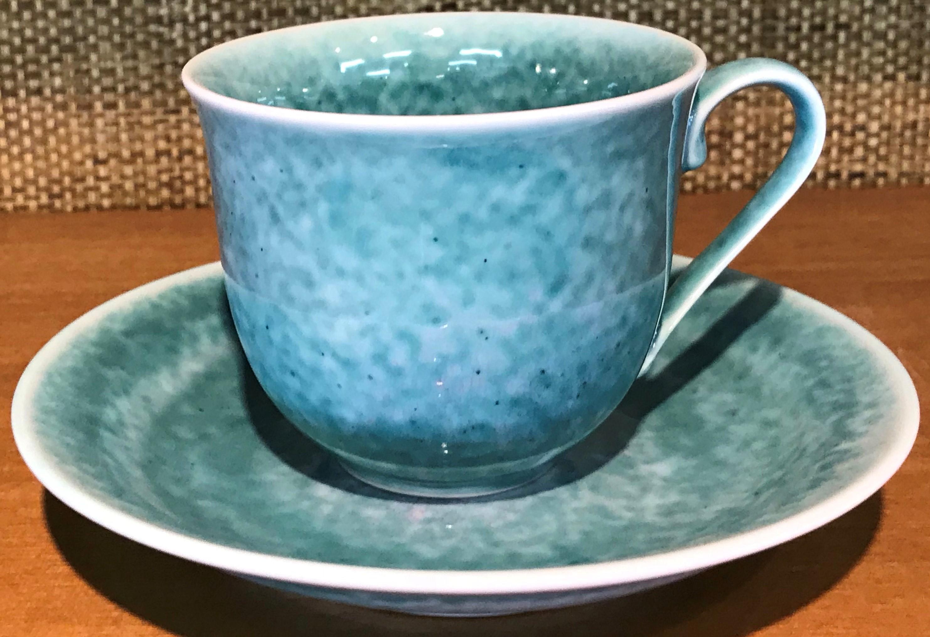 Japanese Hand-Glazed Blue Green Porcelain Cup and Saucer by Master Artist 6