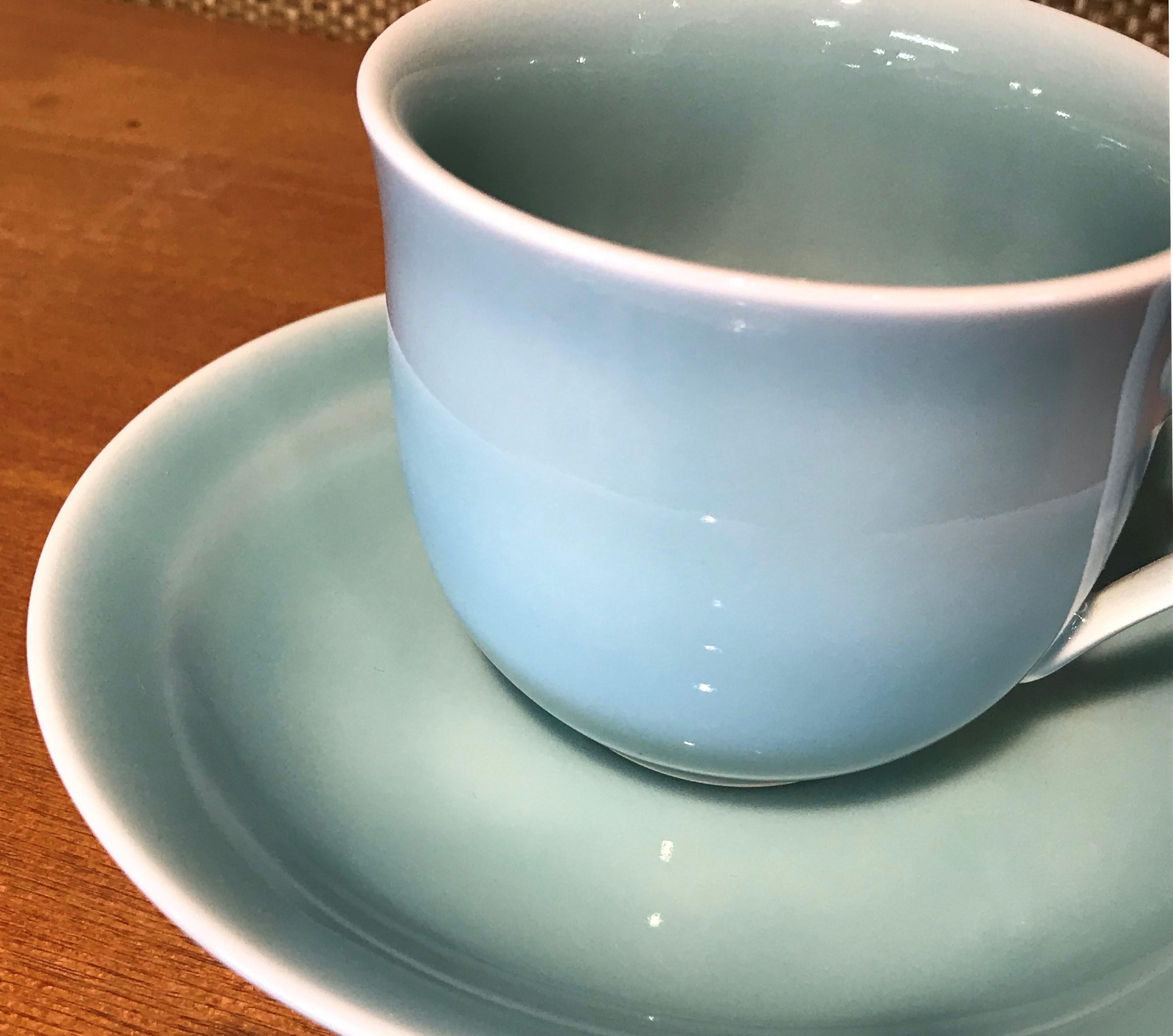 Hand-Painted Japanese Hand-Glazed Blue Green Porcelain Cup and Saucer by Master Artist