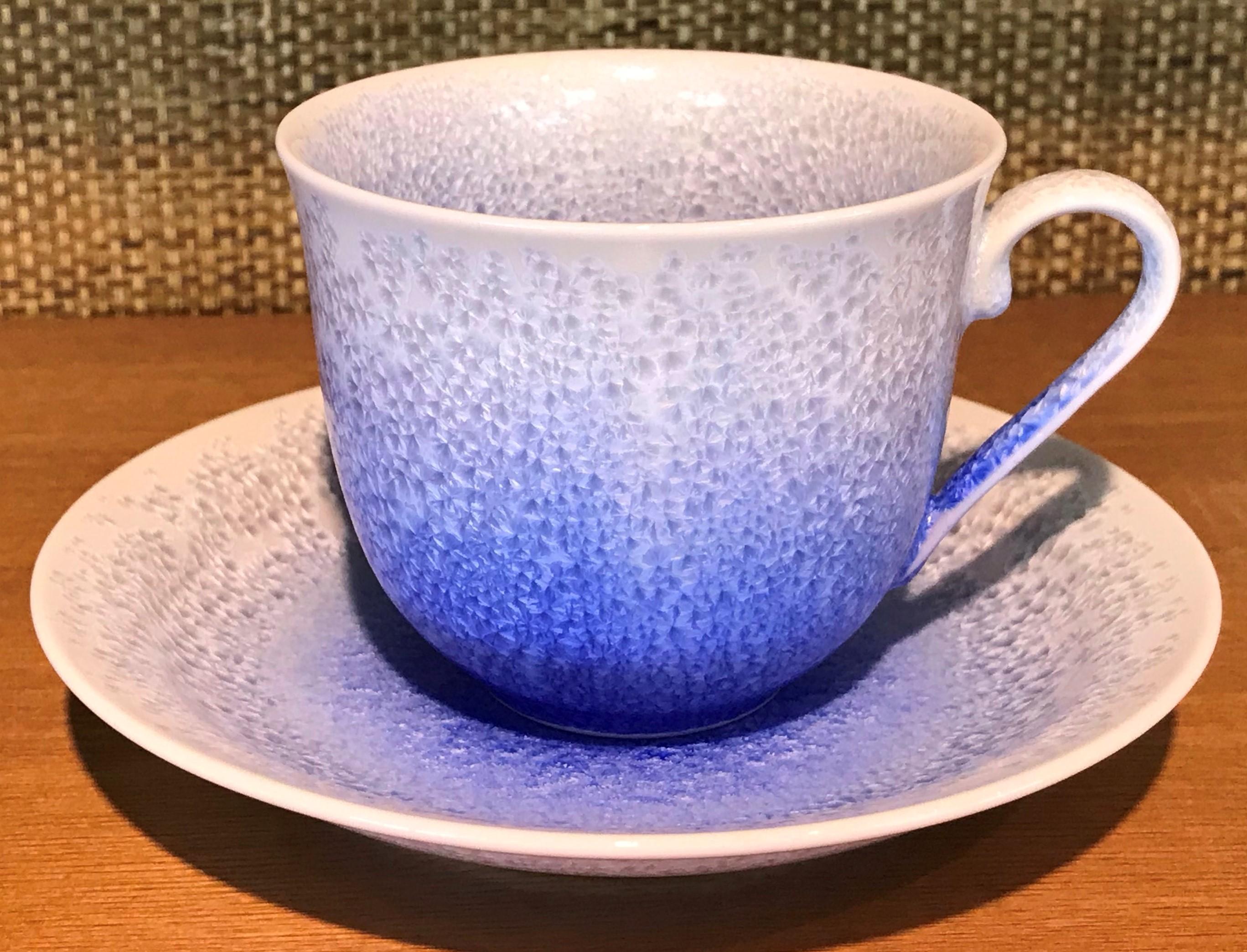 Japanese Hand-Glazed Blue Green Porcelain Cup and Saucer by Master Artist 1