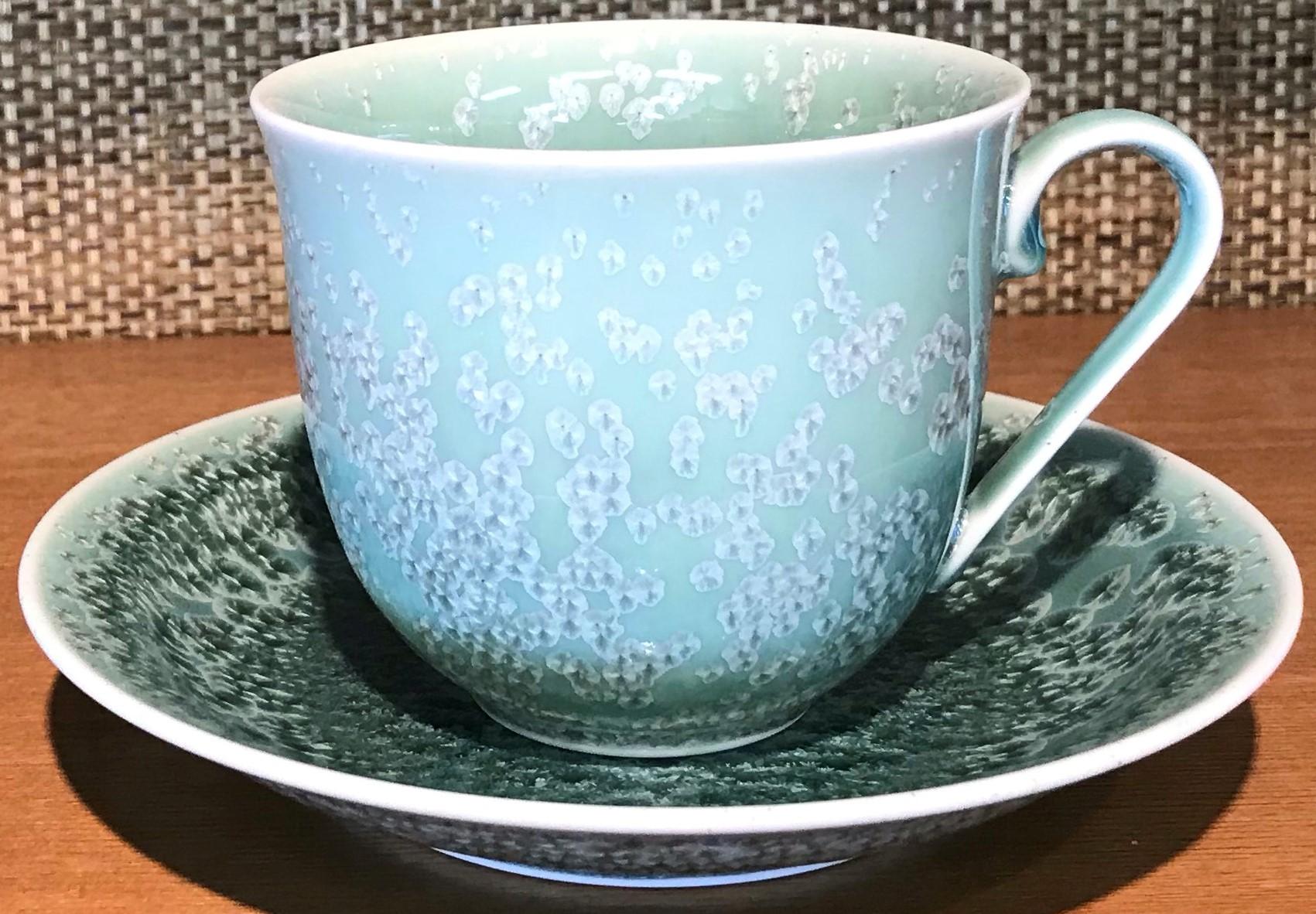Japanese Hand-Glazed Blue Green Porcelain Cup and Saucer by Master Artist 3