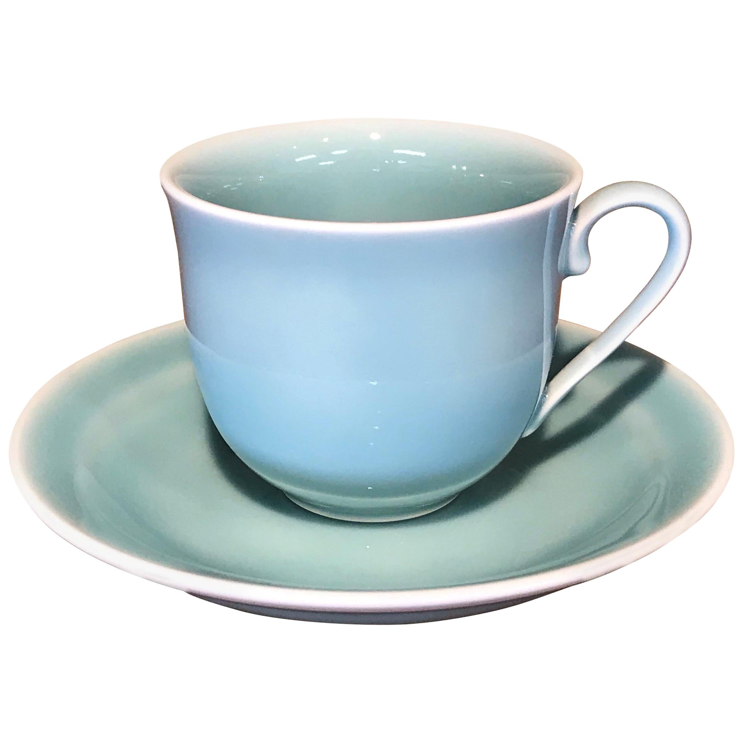 Japanese Hand-Glazed Blue Green Porcelain Cup and Saucer by Master Artist