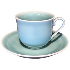 Japanese Hand-Glazed Blue Green Porcelain Cup and Saucer by Master Artist