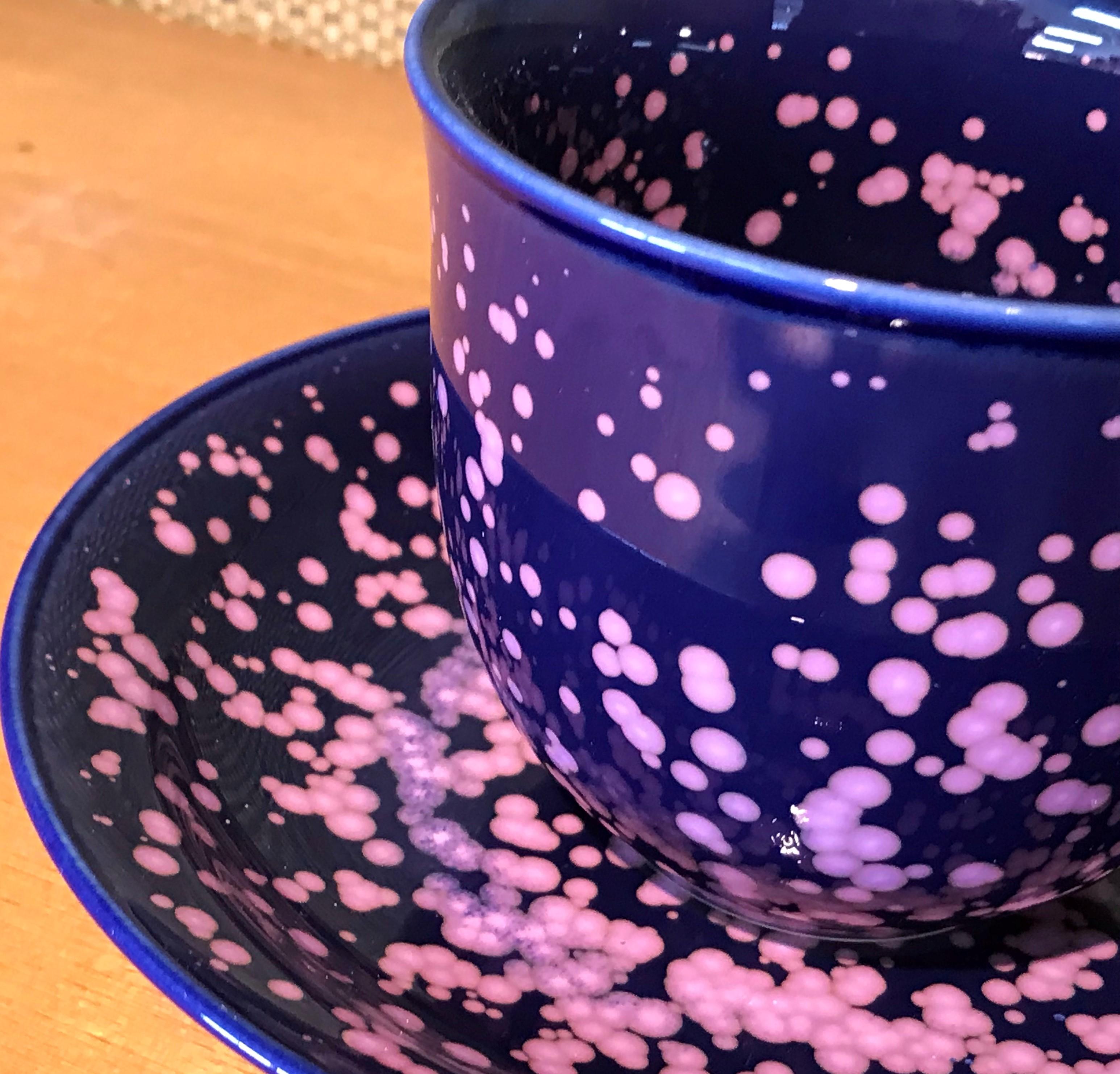 Hand-Painted Japanese Hand-Glazed Blue Pink Porcelain Cup and Saucer by Master Artist