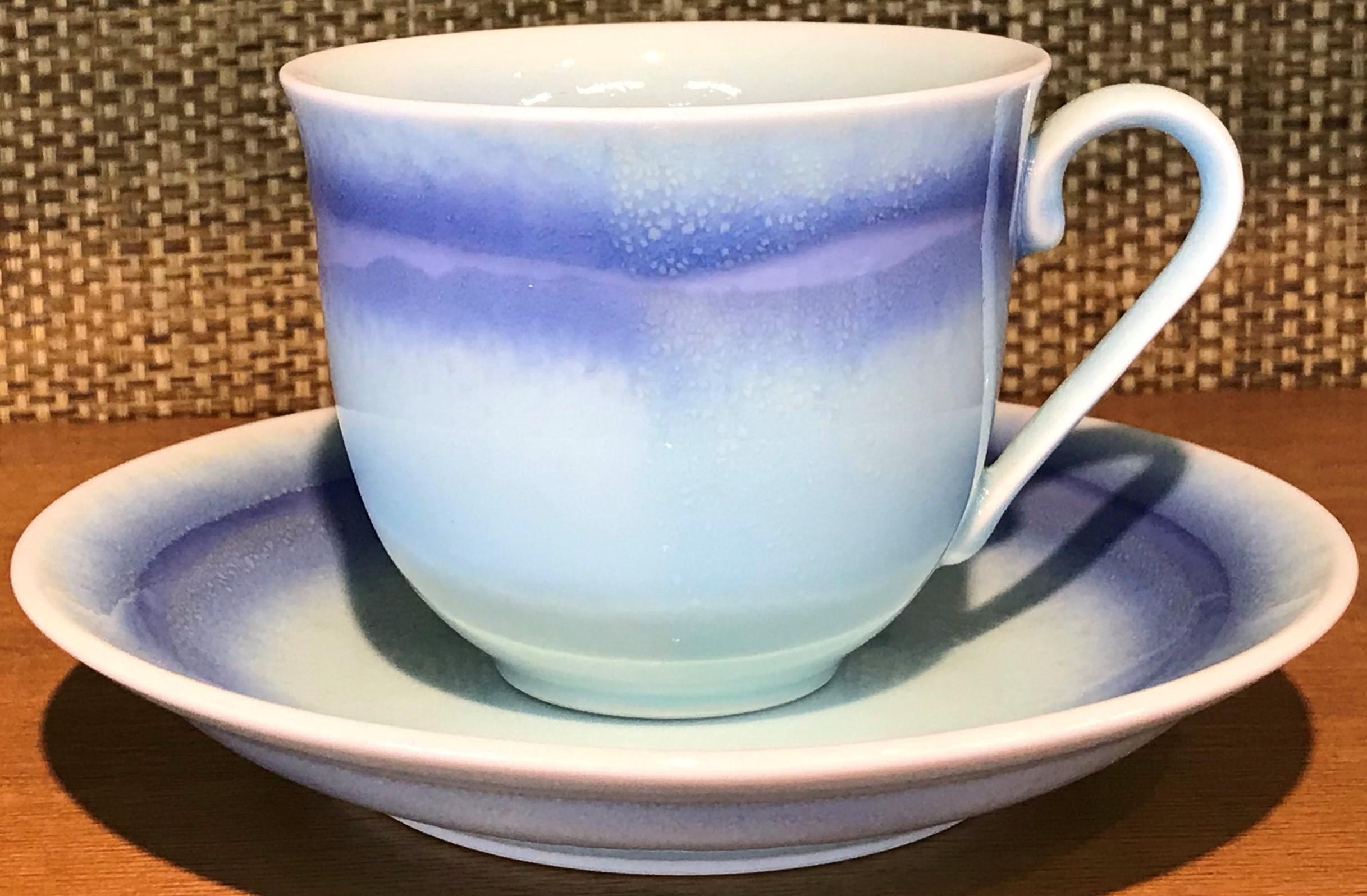 Contemporary Japanese Hand-Glazed Blue Pink Porcelain Cup and Saucer by Master Artist