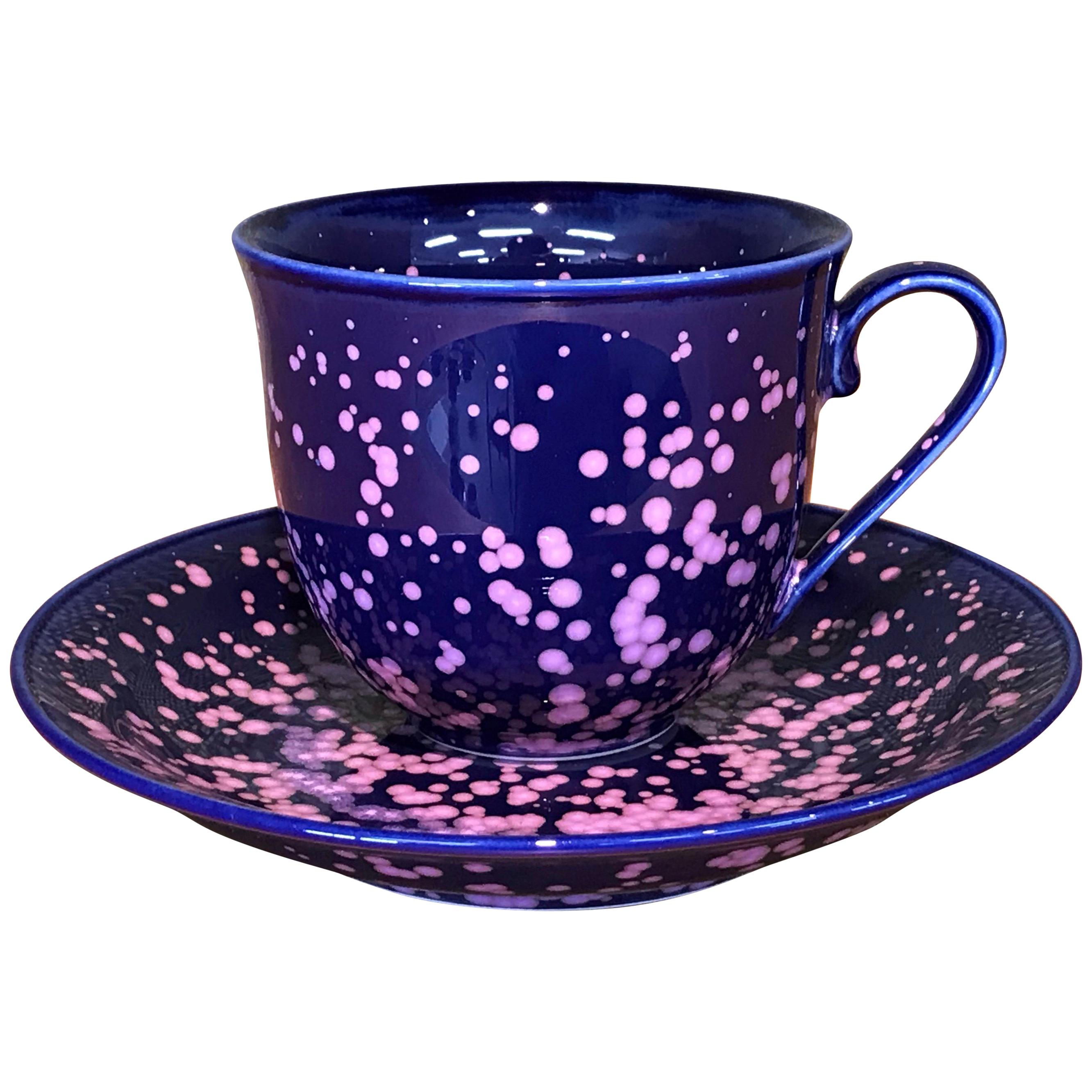 Japanese Hand-Glazed Blue Pink Porcelain Cup and Saucer by Master Artist