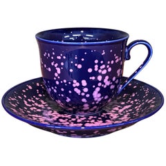 Japanese Hand-Glazed Blue Pink Porcelain Cup and Saucer by Master Artist