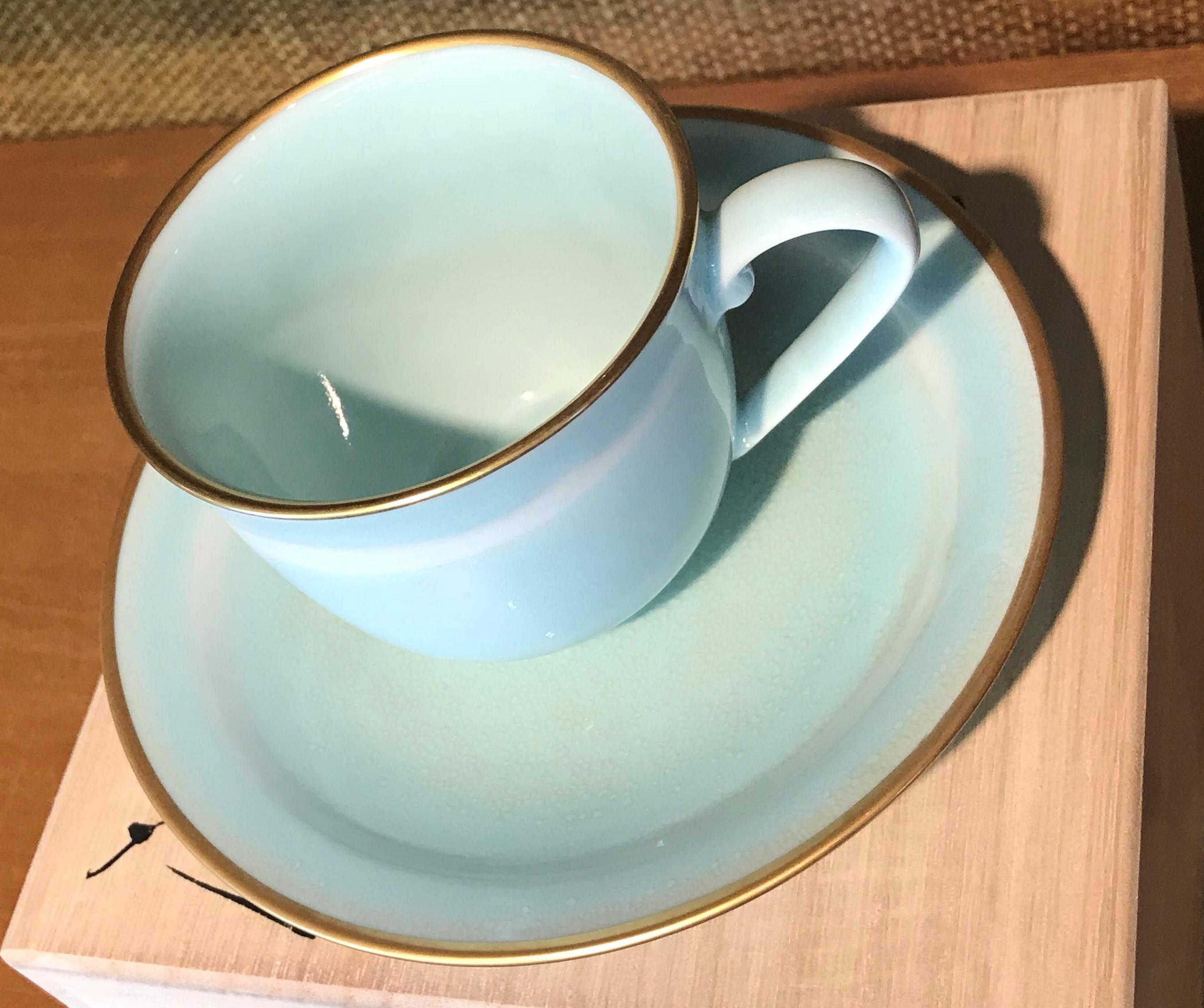 Hand-Painted Japanese Hand-Glazed Blue Porcelain Cup and Saucer by Contemporary Master Artist