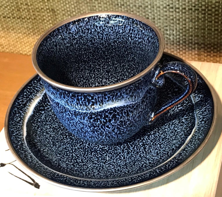 Japanese HandGlazed Blue Porcelain Cup and Saucer by Contemporary Master Artist For Sale at 1stdibs