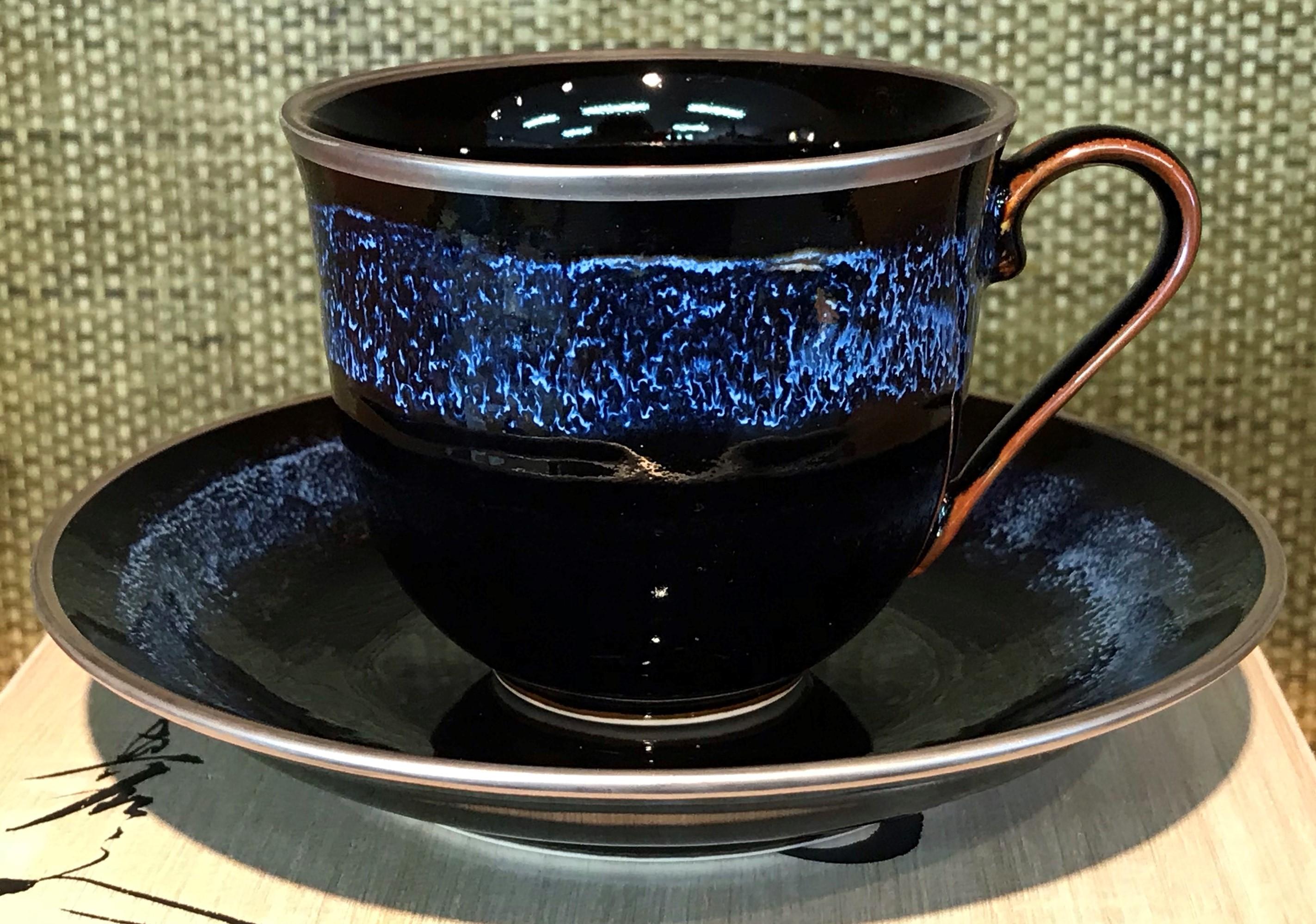 Gold Japanese Hand-Glazed Blue Porcelain Cup and Saucer by Contemporary Master Artist