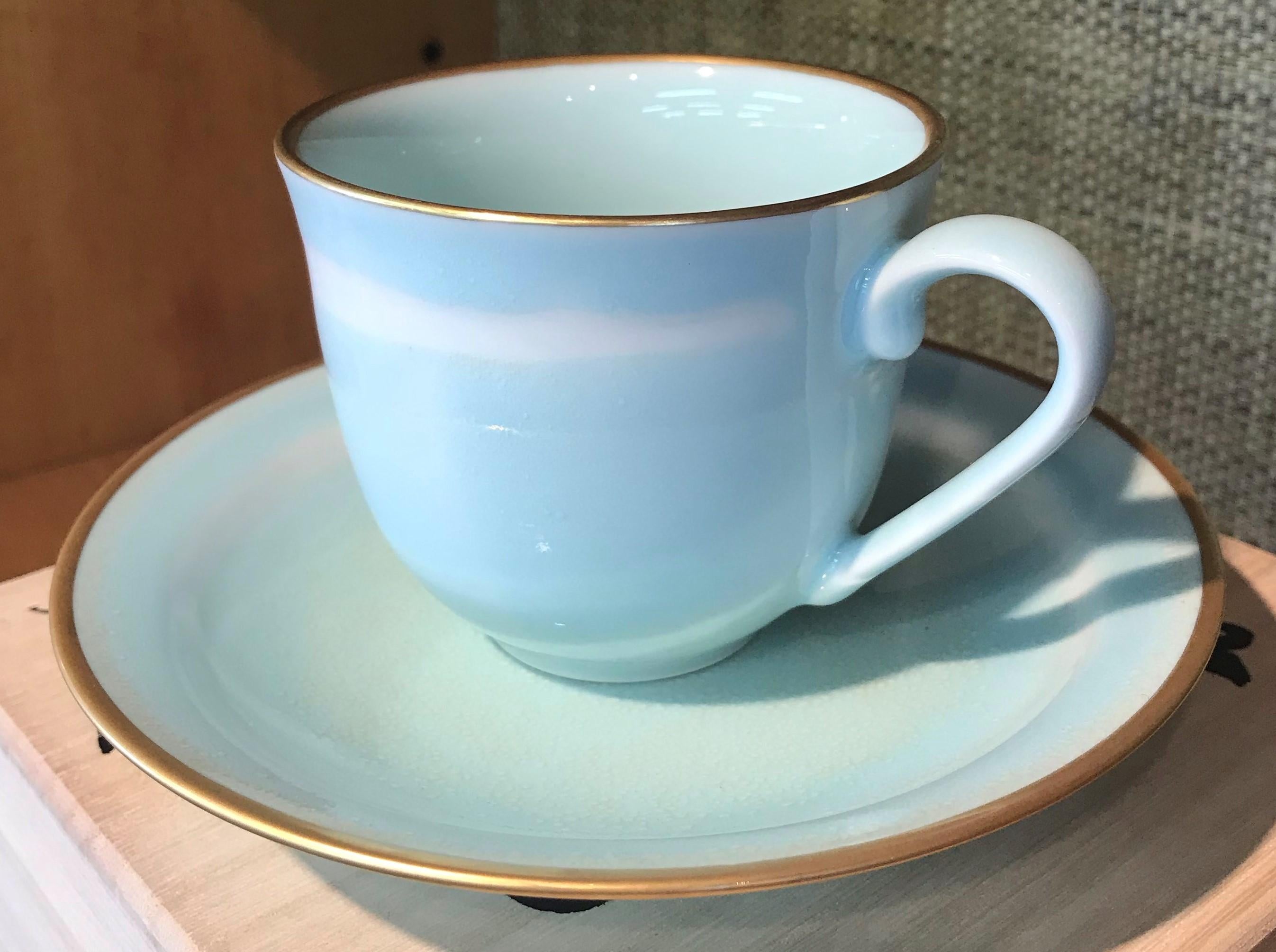 Japanese Hand-Glazed Blue Porcelain Cup and Saucer by Contemporary Master Artist 1