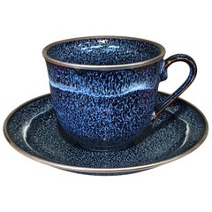 Japanese Hand-Glazed Blue Porcelain Cup and Saucer by Contemporary Master Artist