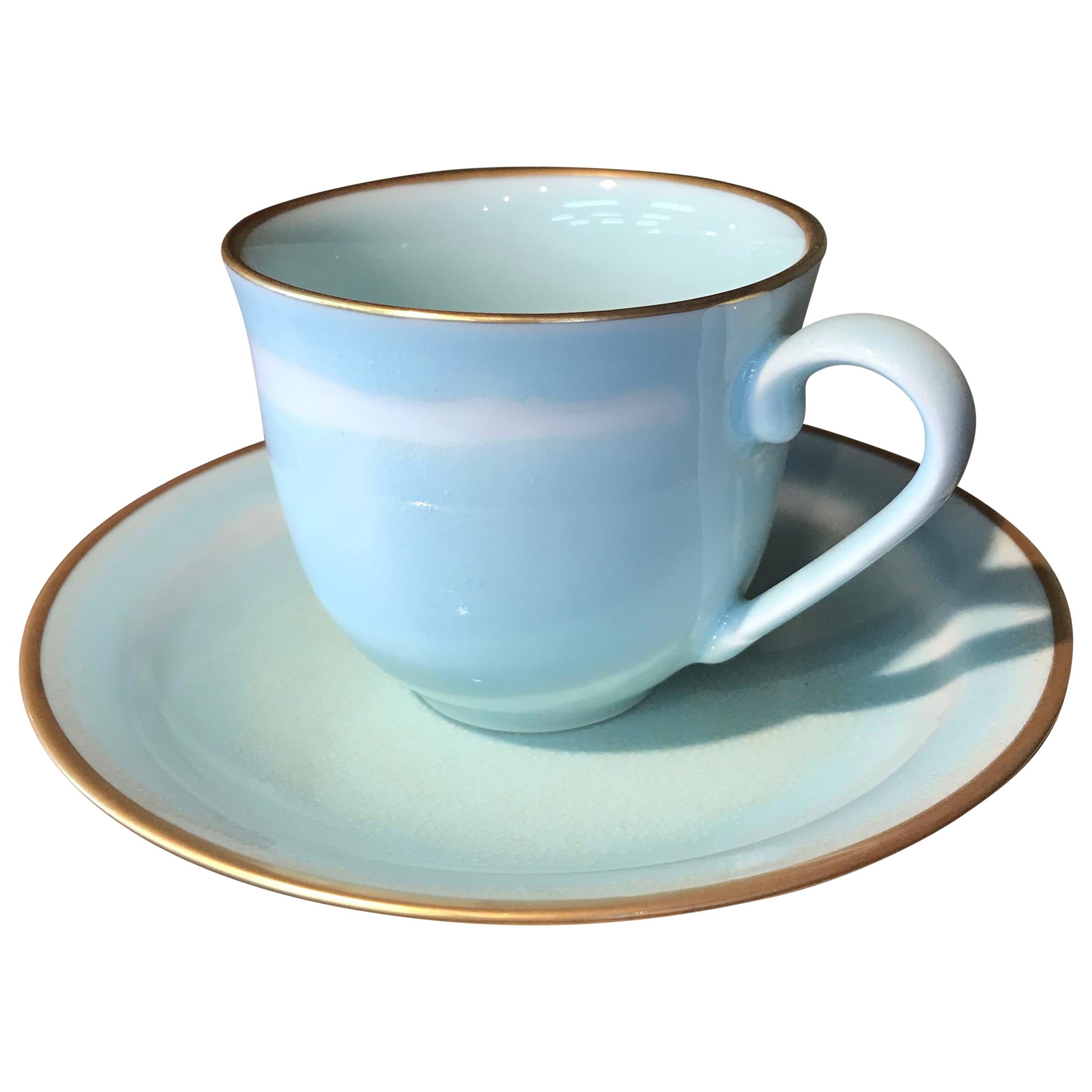 Japanese Hand-Glazed Blue Porcelain Cup and Saucer by Contemporary Master Artist