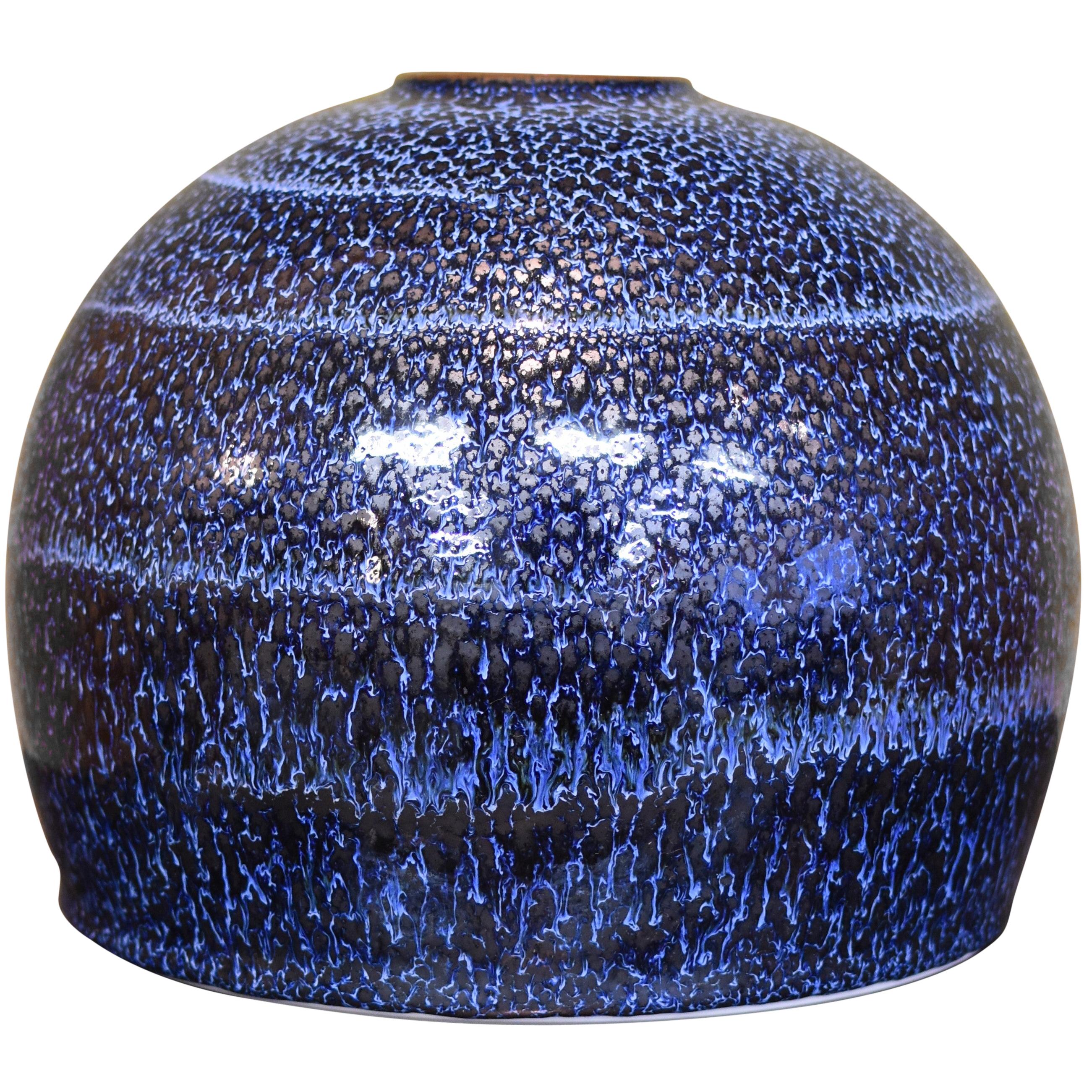 Japanese Hand-Glazed Blue Porcelain Vase by Contemporary Master Artist