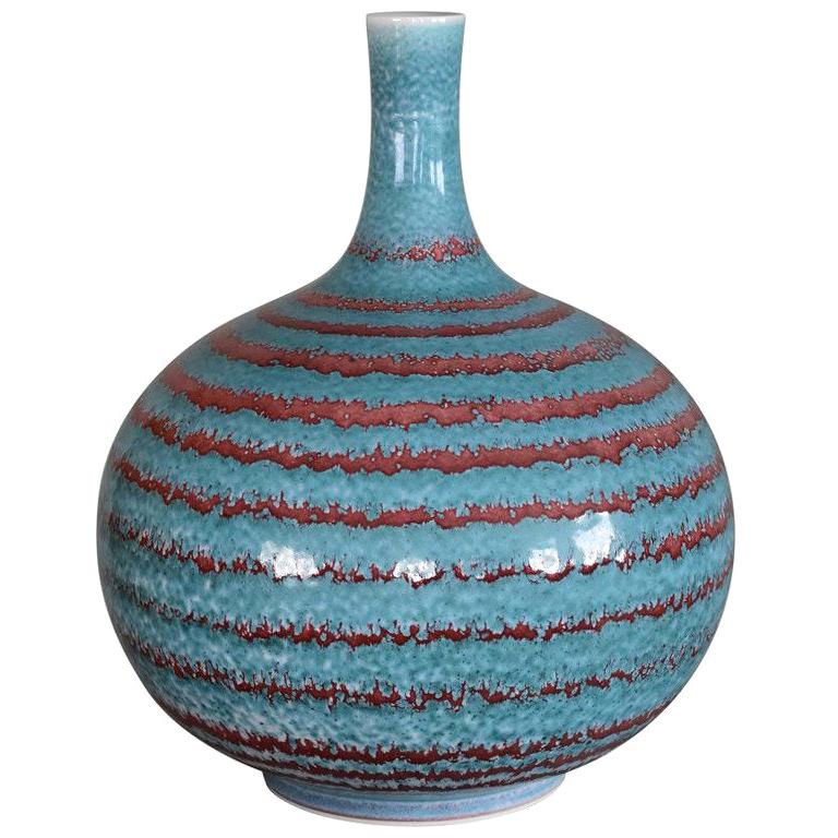 Japanese Hand-Glazed Blue and Red Porcelain Vase by Contemporary Master Artist