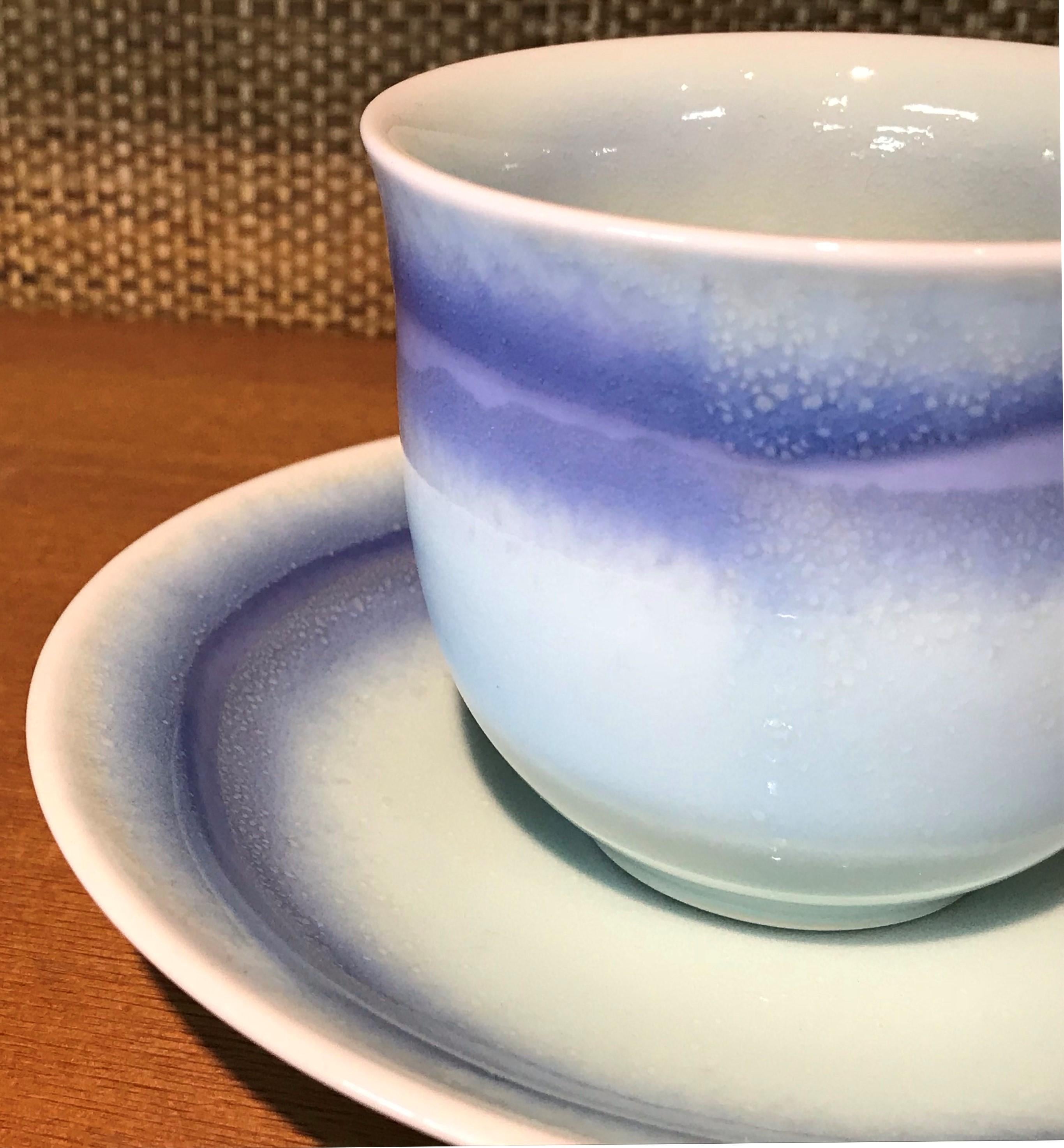 Hand-Painted Japanese Blue White Porcelain  Hand-Glazed Cup and Saucer by Master Artist