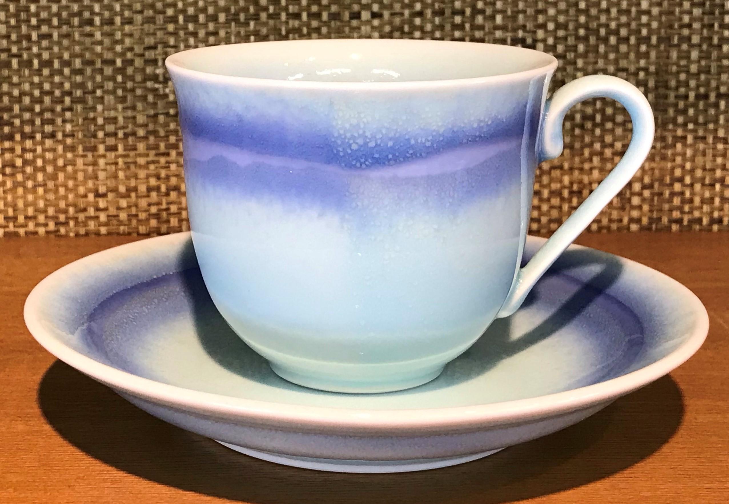 Contemporary Japanese Hand-Glazed Blue White Porcelain Cup and Saucer by Master Artist