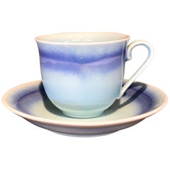 Japanese Blue White Porcelain Hand-Glazed Cup and Saucer by Master Artist