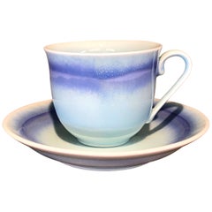 Japanese Hand-Glazed Blue White Porcelain Cup and Saucer by Master Artist