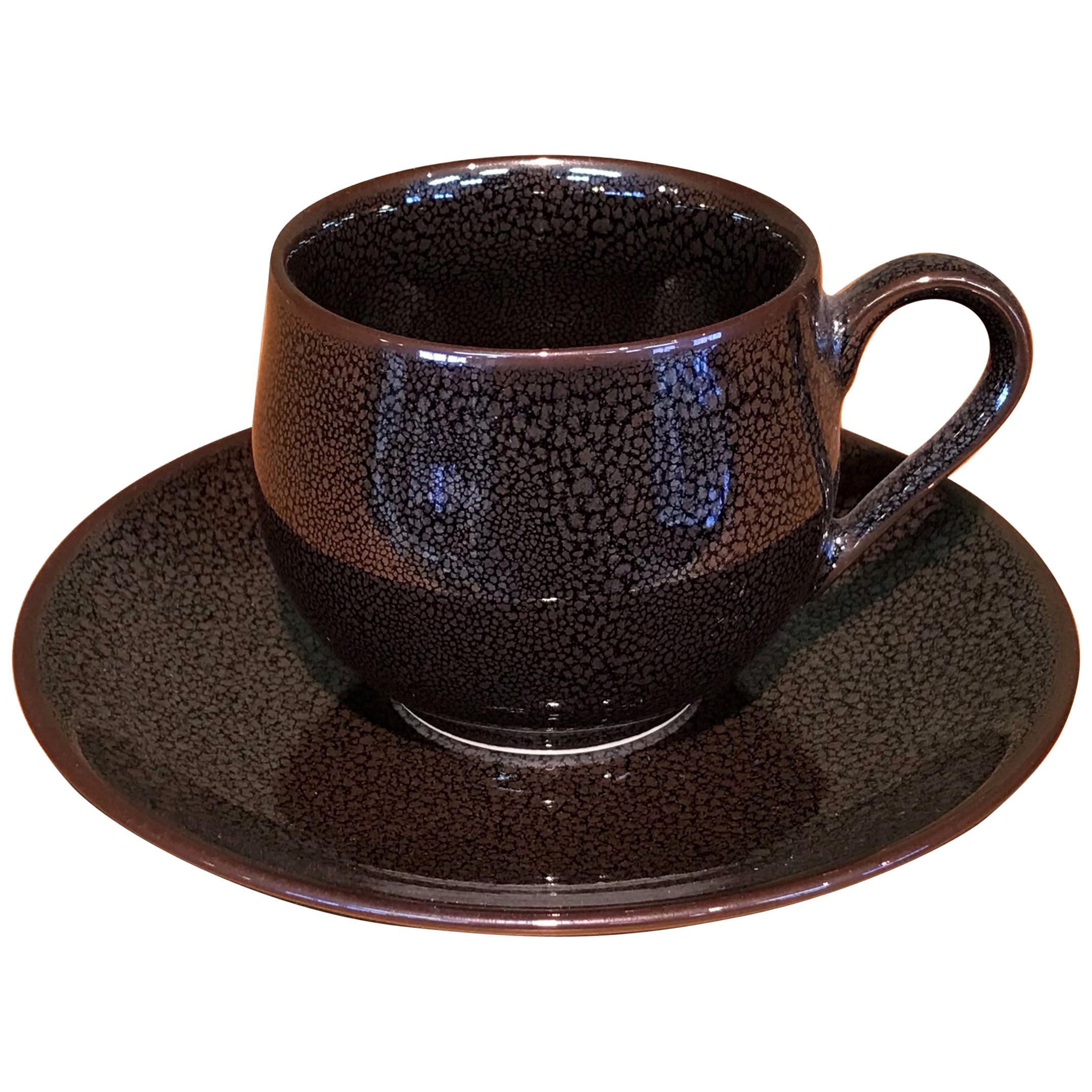 Japanese Hand-Glazed Brown Porcelain Cup & Saucer by Contemporary Master Artist