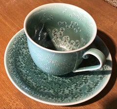 Japanese Hand-Glazed Green Porcelain Cup and Saucer by Master Artist