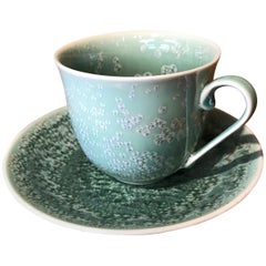 Japanese Hand-Glazed Green Porcelain Cup and Saucer by Master Artist