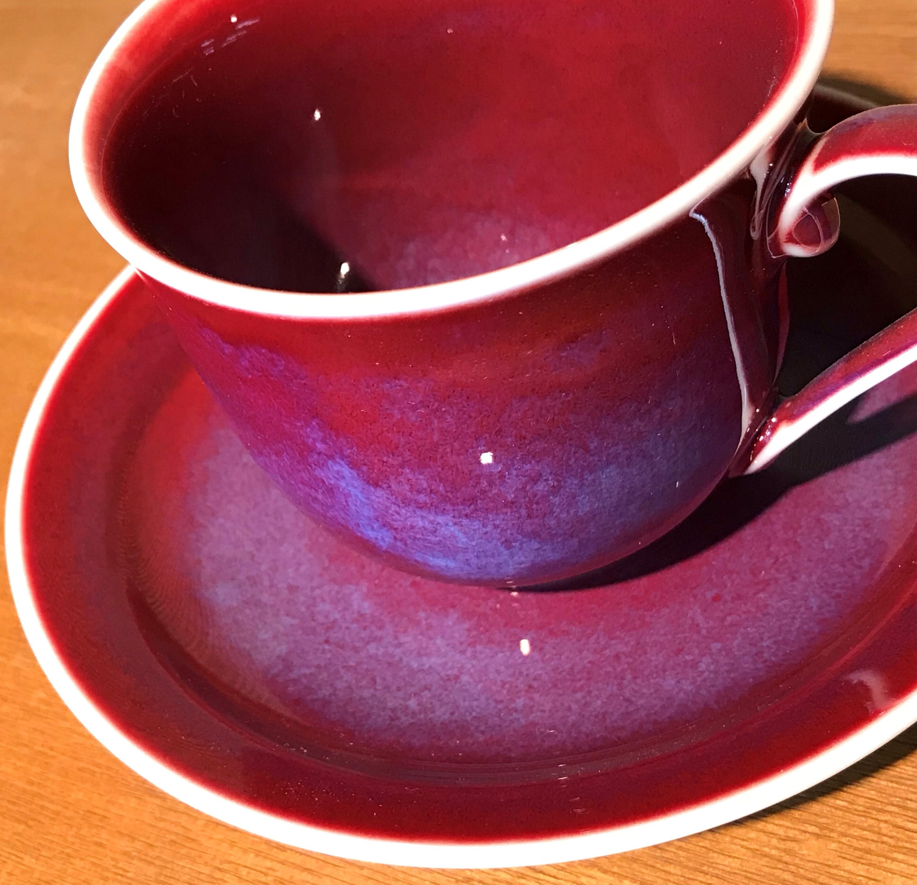 Hand-Painted Japanese Hand-Glazed Red Blue Porcelain Cup and Saucer by Master Artist, 2018