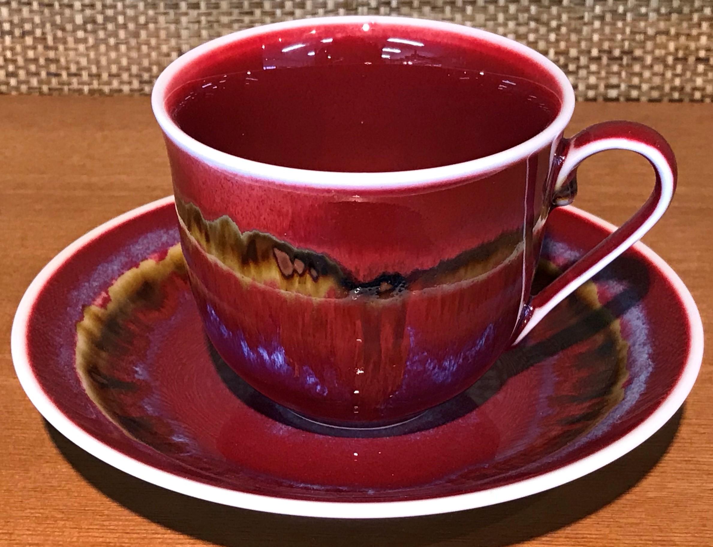 Contemporary Japanese Hand-Glazed Red Blue Porcelain Cup and Saucer by Master Artist, 2018