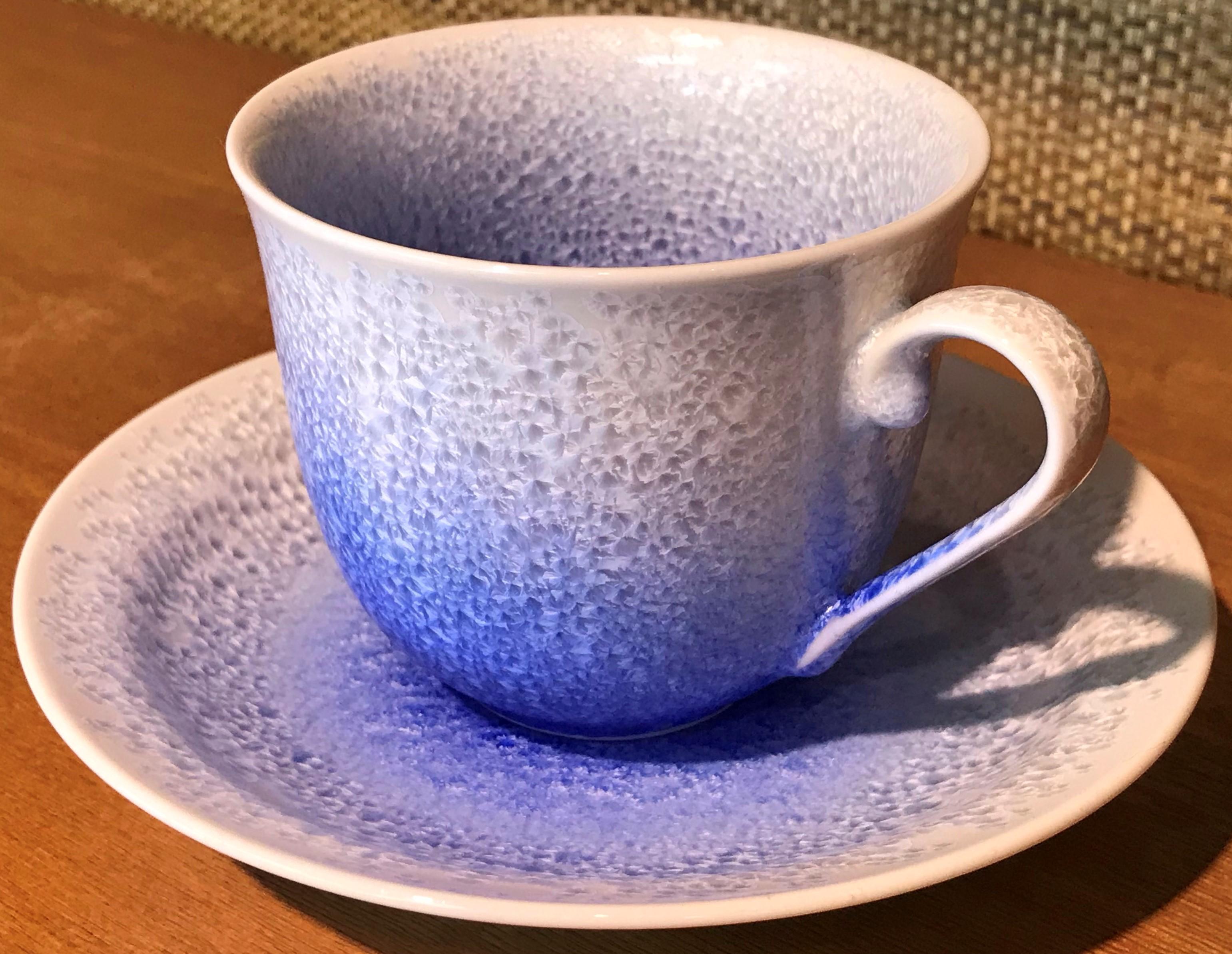 Contemporary Japanese Hand-Glazed Red Blue Porcelain Cup and Saucer by Master Artist