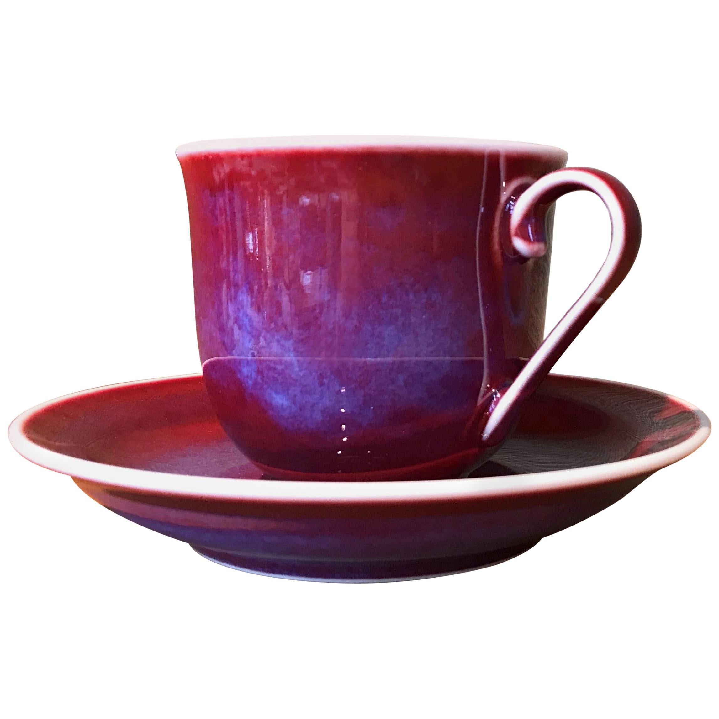 Japanese Hand-Glazed Red Blue Porcelain Cup and Saucer by Master Artist, 2018